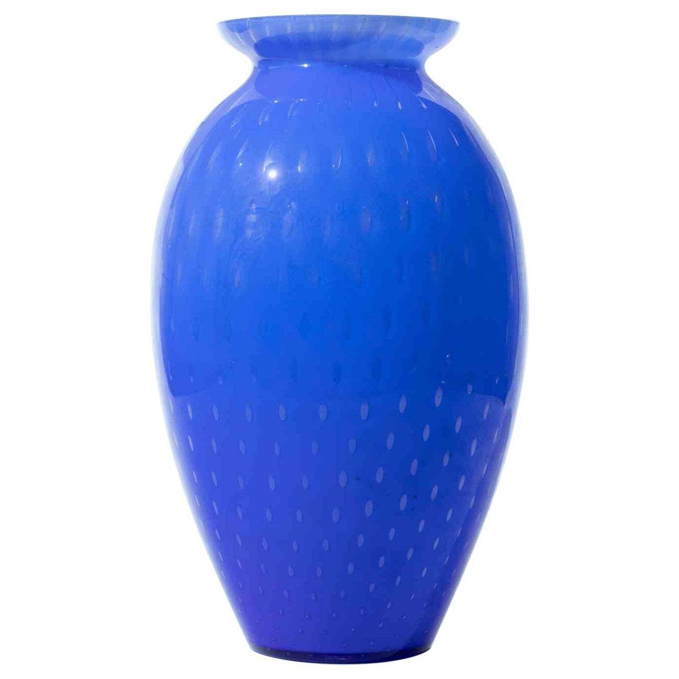 Murano Blue Art Glass Vase With Polka Dot Pattern, 1970s