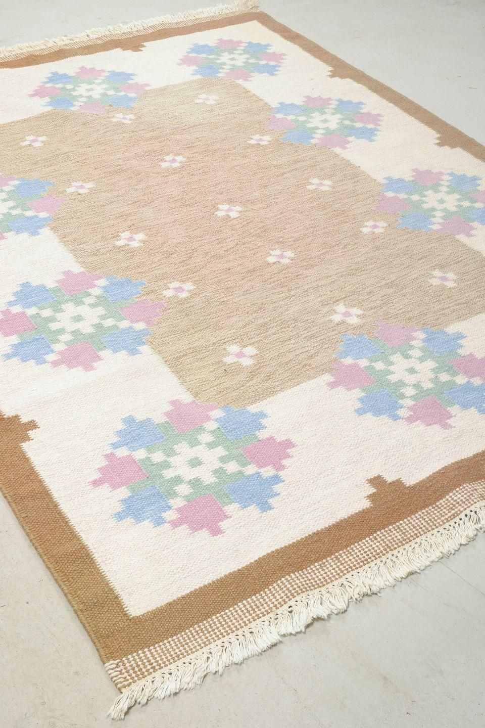 Swedish Textile Designer. Handwoven Rölakan Wool Rug With Geometric Pattern. photo Textiles
