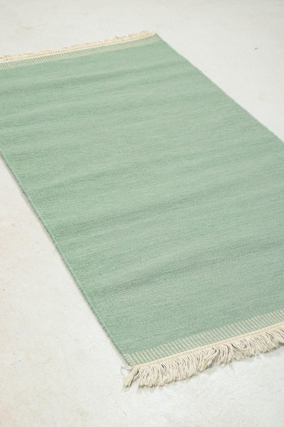 Swedish Textile Designer. Handwoven Rölakan Rug In Muted Green Tone. photo Textiles