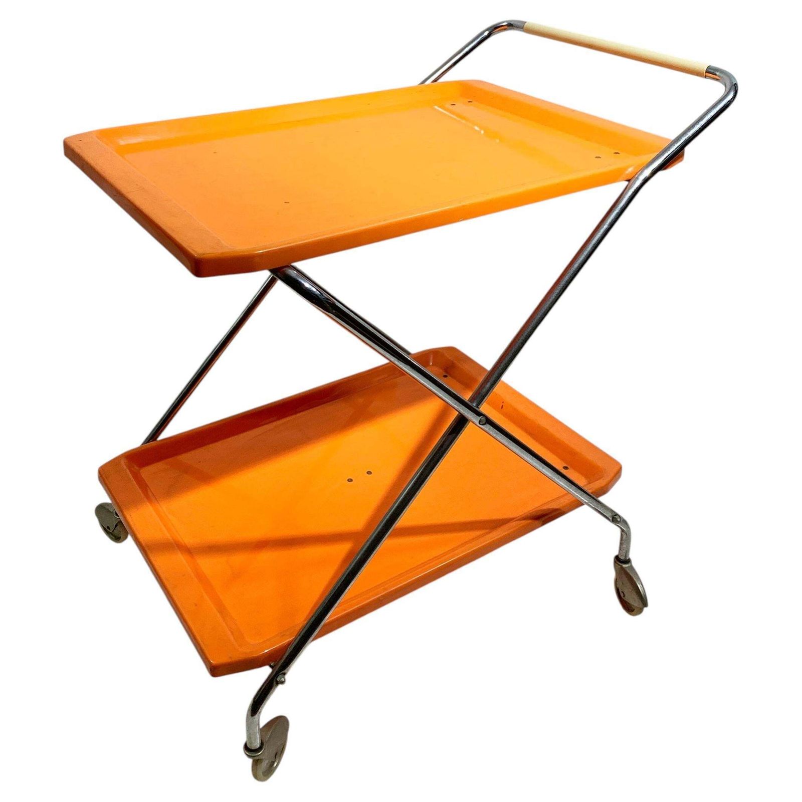 Space Age Italian Folding Bar Cart In Vibrant Orange And Chrome, 1970s