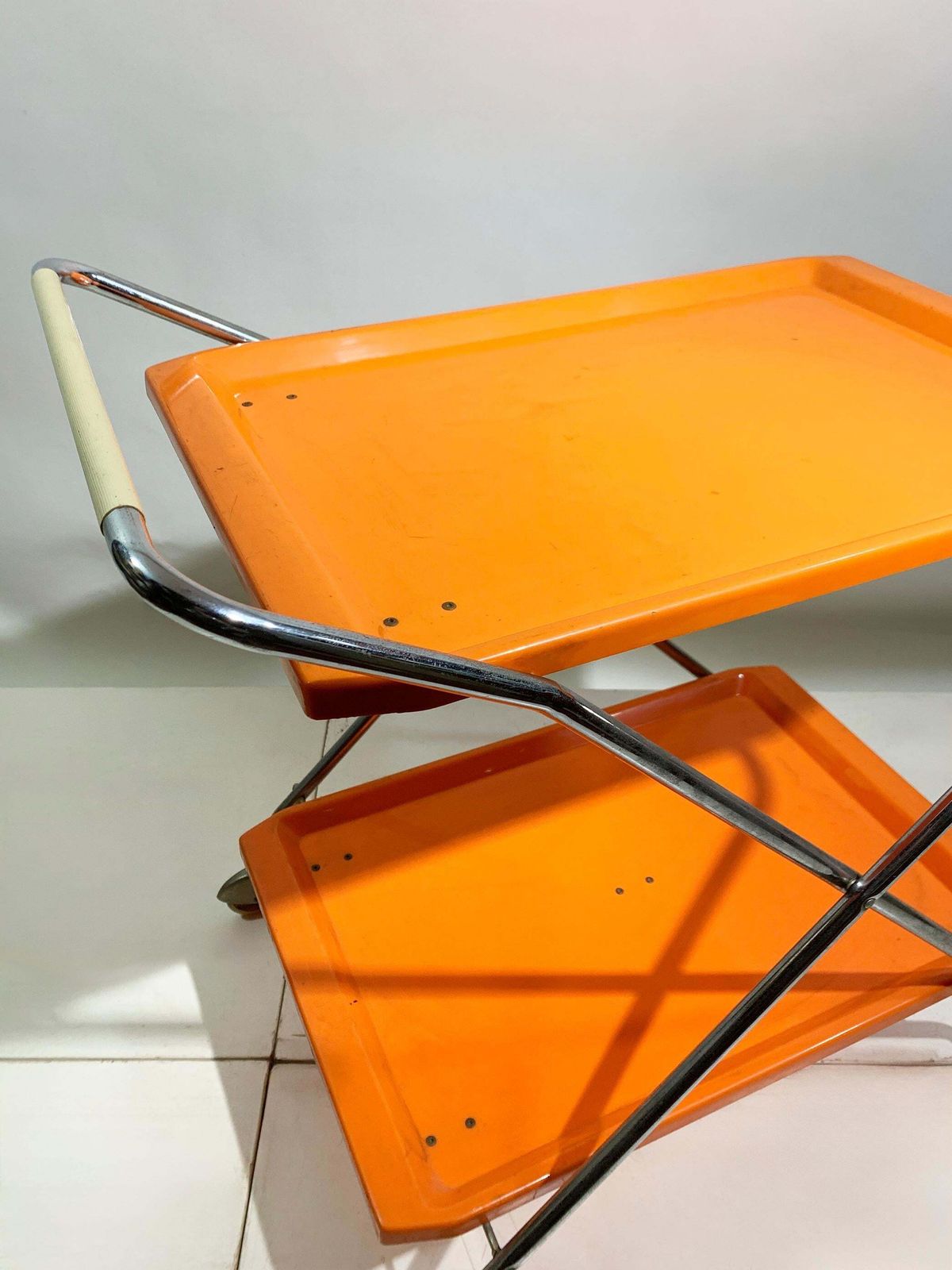 Space Age Italian Folding Bar Cart In Vibrant Orange And Chrome, 1970s photo vintage
