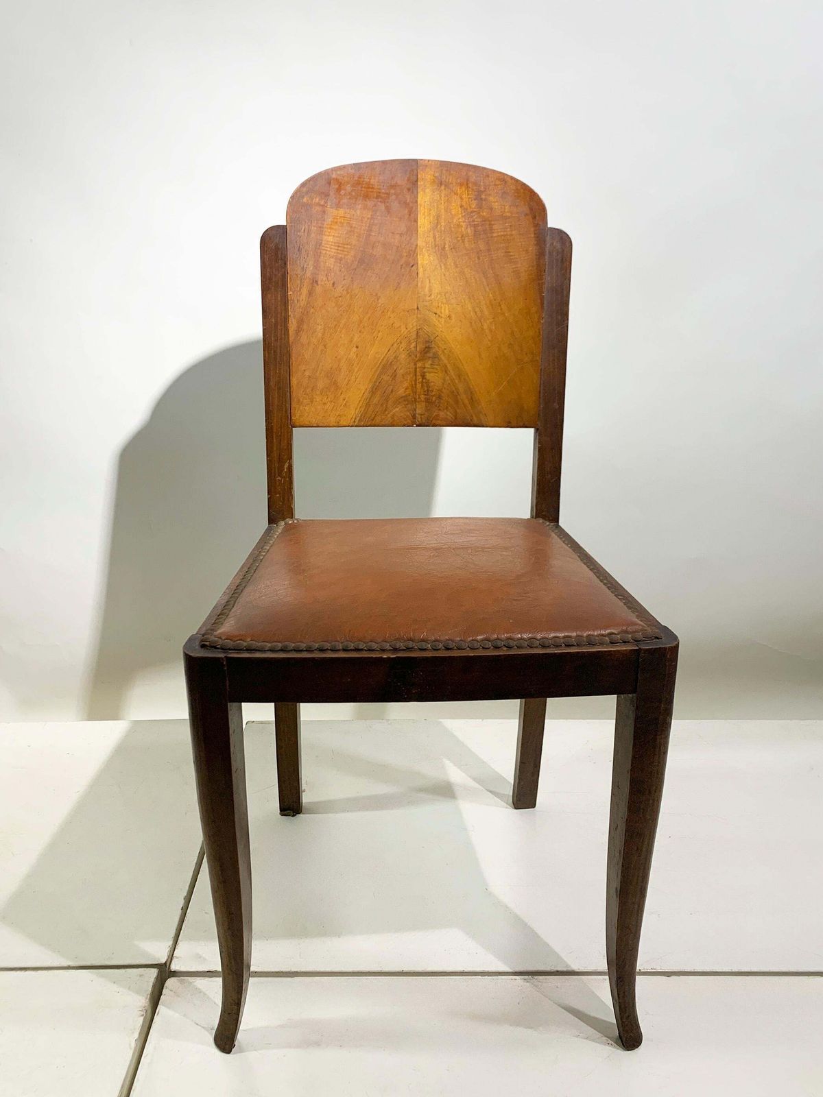 Set Of Six French Art Deco Walnut Dining Chairs With Arched Backs, France, 1930s photo for sale