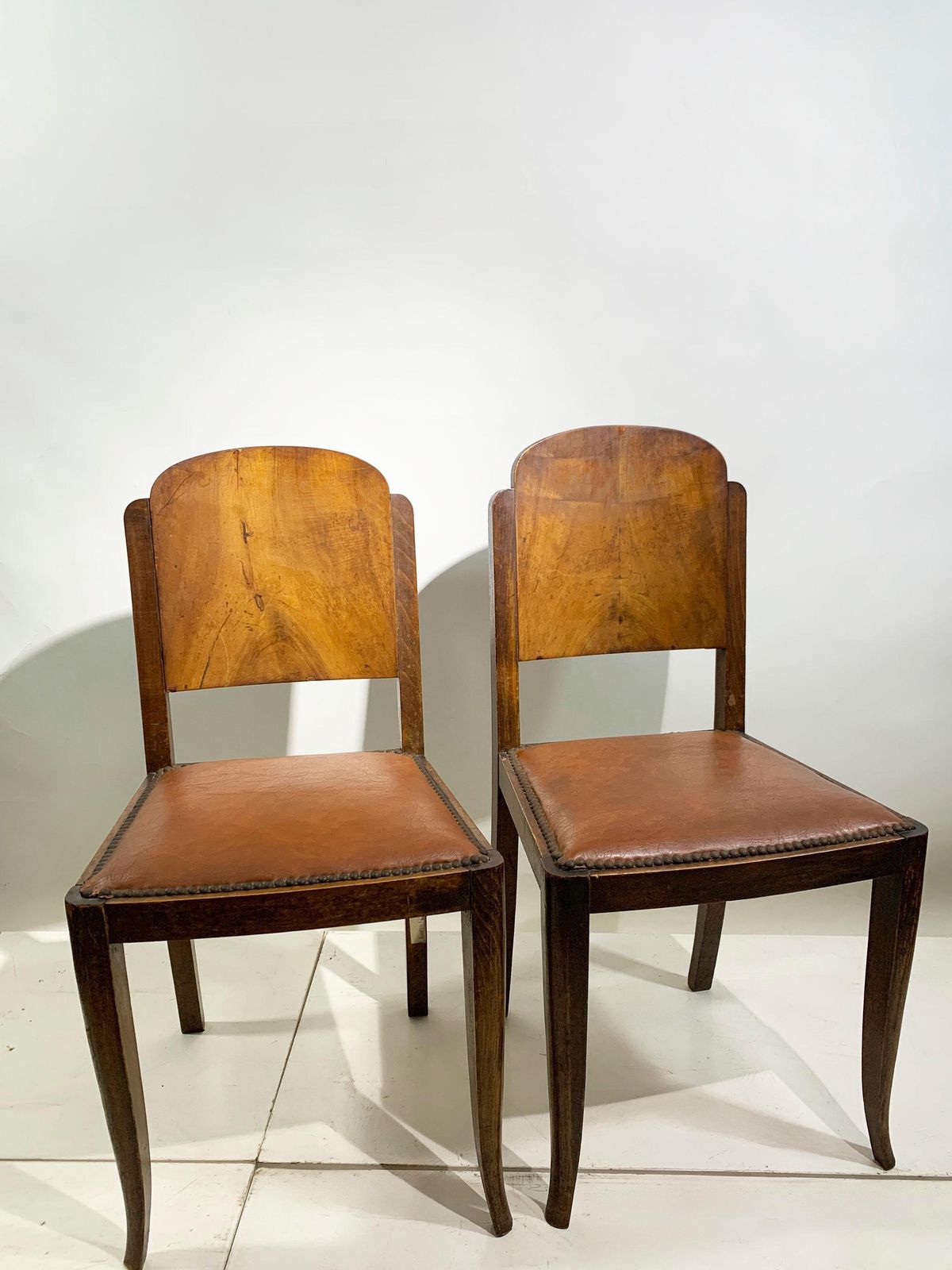 photo buy Set Of Six French Art Deco Walnut Dining Chairs With Arched Backs, France, 1930s