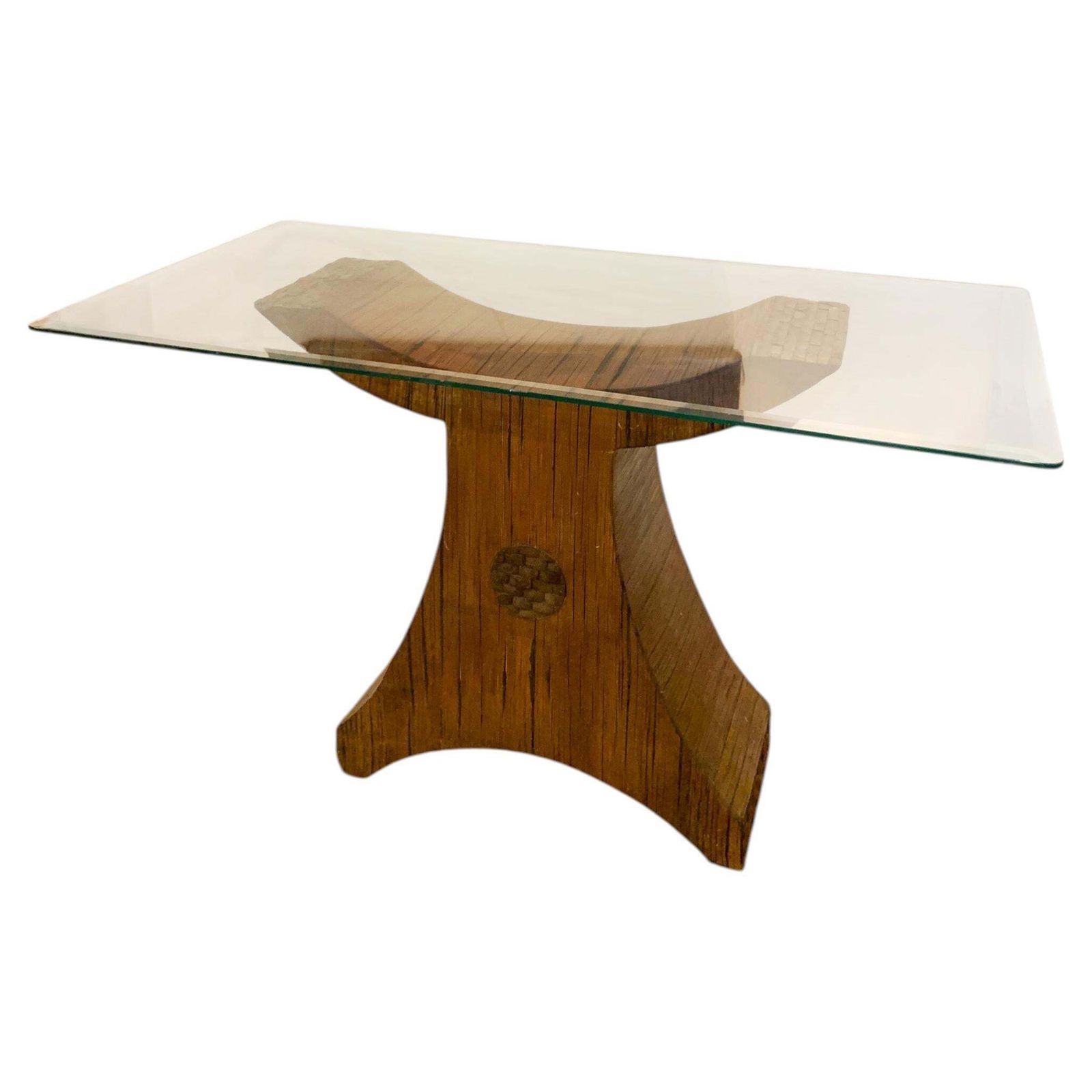Postmodern Sculptural Pencil Reed & Glass Console Table With Wood Inlay, 1970's