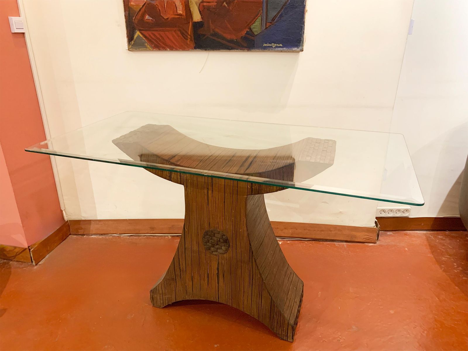 Postmodern Sculptural Pencil Reed & Glass Console Table With Wood Inlay, 1970's photo for sale
