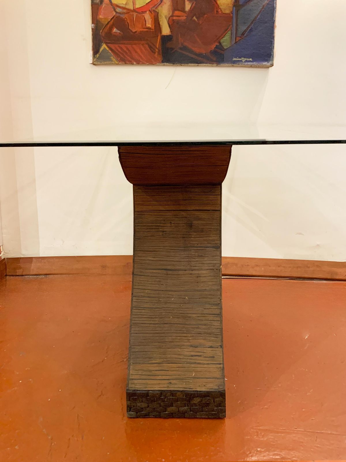 Postmodern Sculptural Pencil Reed & Glass Console Table With Wood Inlay, 1970's photo vintage