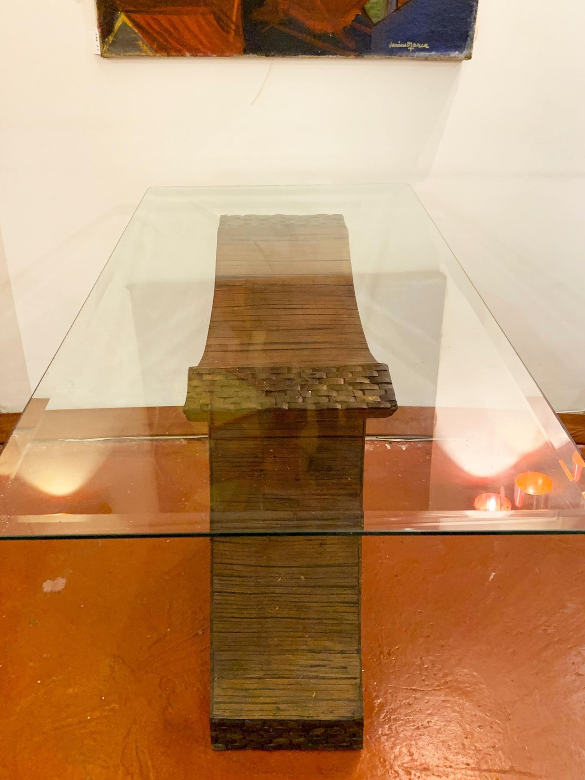 photo furniture Postmodern Sculptural Pencil Reed & Glass Console Table With Wood Inlay, 1970's