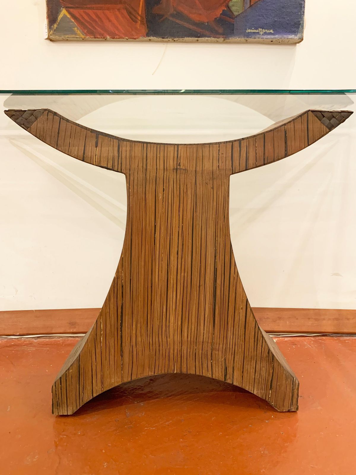 4233.0 Postmodern Sculptural Pencil Reed & Glass Console Table With Wood Inlay, 1970's photo