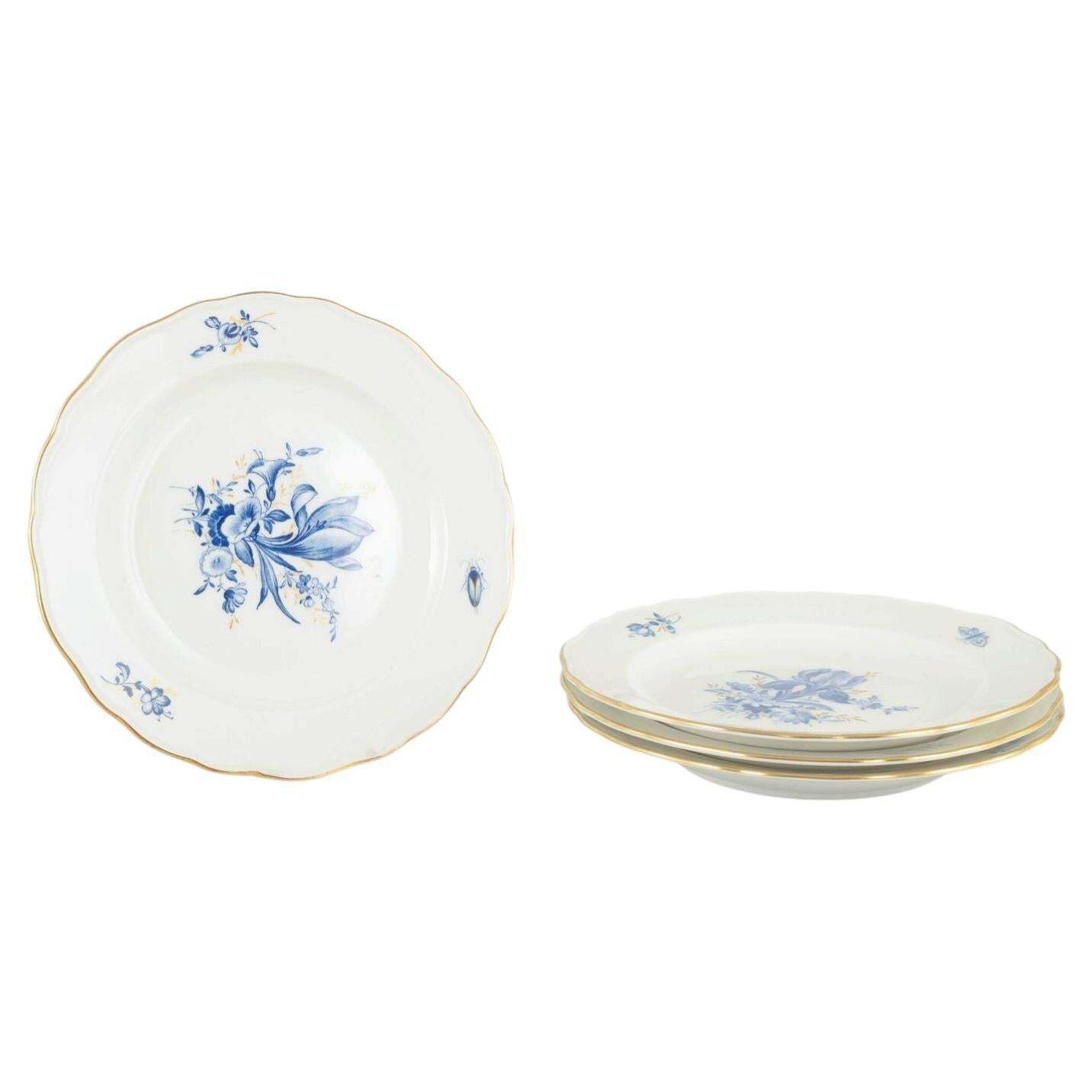Meissen. Germany. Set Of 4 Porcelain Lunch Plates With Blue Floral Motifs.