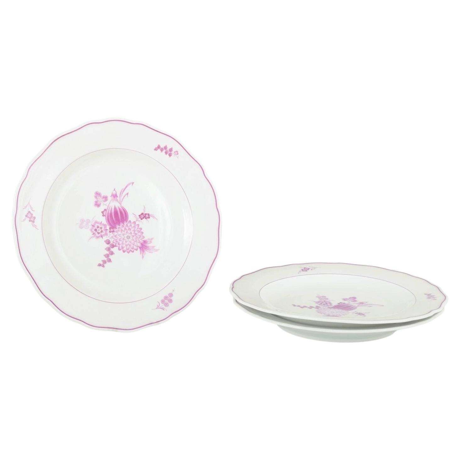 Meissen, Germany. Set Of Three Porcelain Dinner Plates With Lilac Floral Motif.