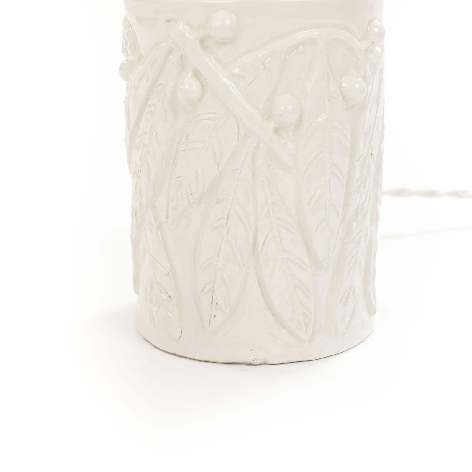 photo for sale Mid Century Italian Glazed Ceramic Table Lamp With Beige Raffia Shade, 1960s