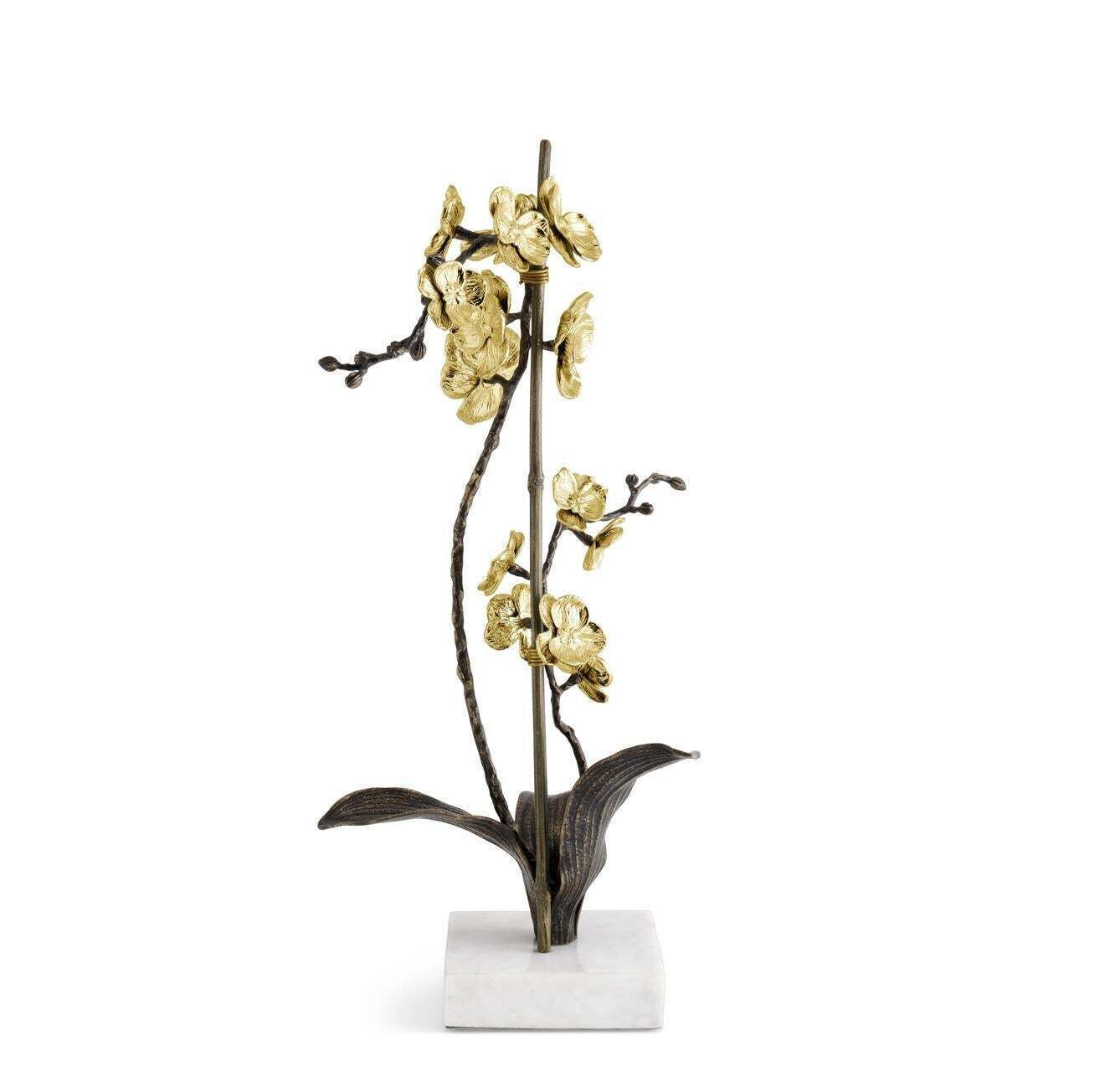 Pair Of Large Gold Metal Orchid Stem Sculptures, Contemporary Style photo Art