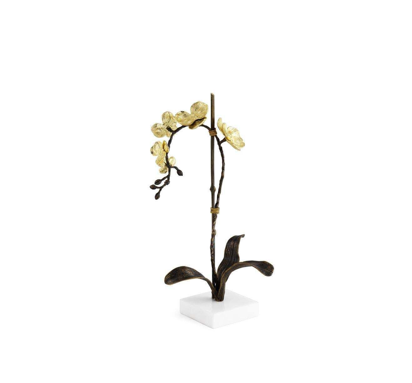 Set Of Small Orchid Sculptures In Patinated Brass With Marble Base photo for sale
