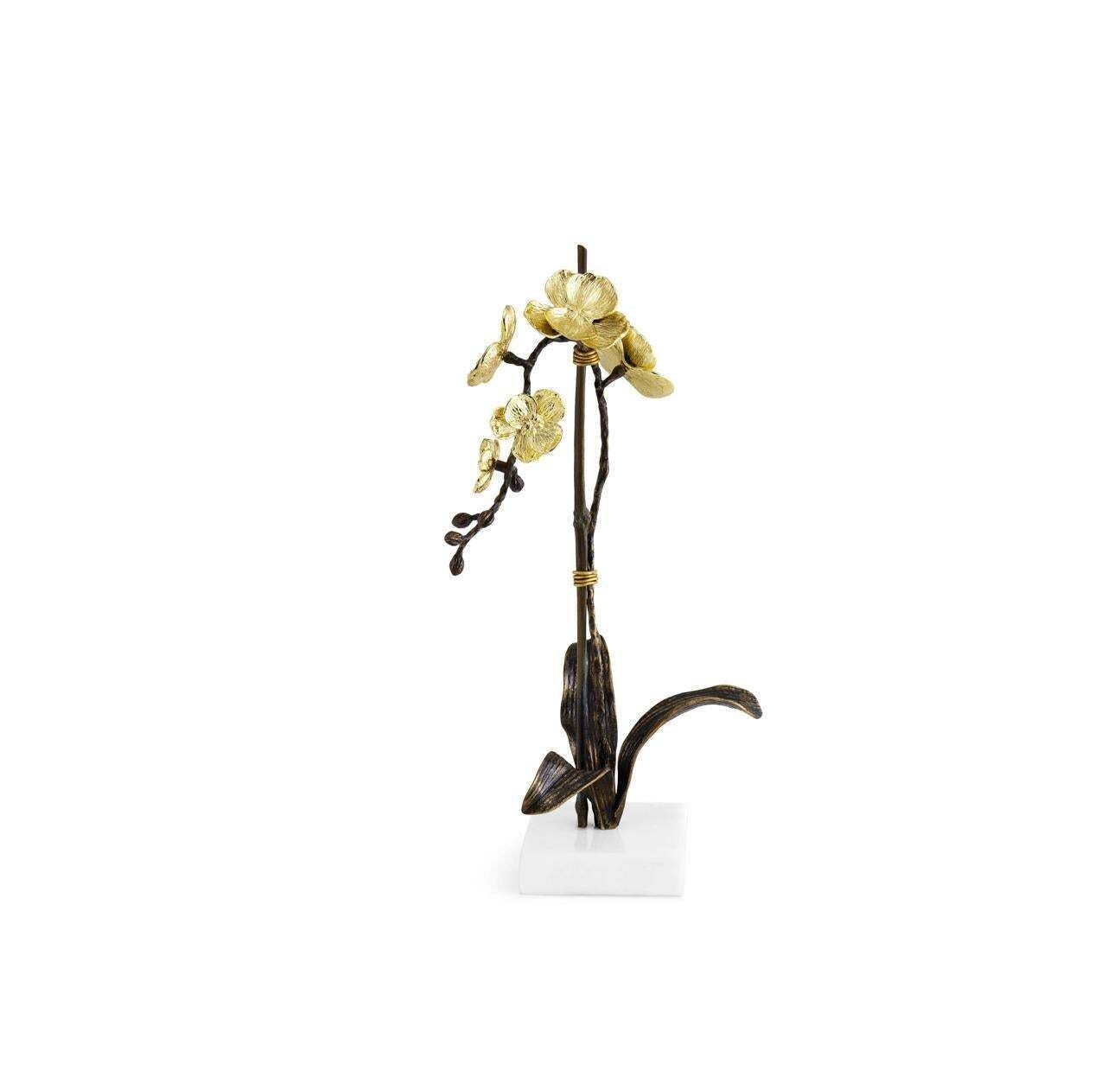 Set Of Small Orchid Sculptures In Patinated Brass With Marble Base photo Art