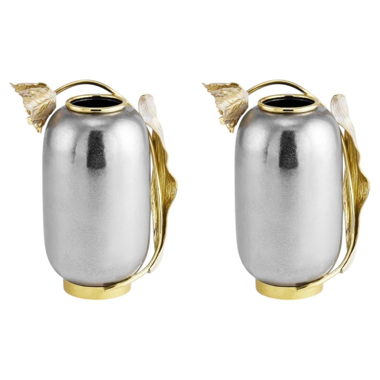 Pair Of Small Contemporary Silver And Gold Metal Tulip Vase