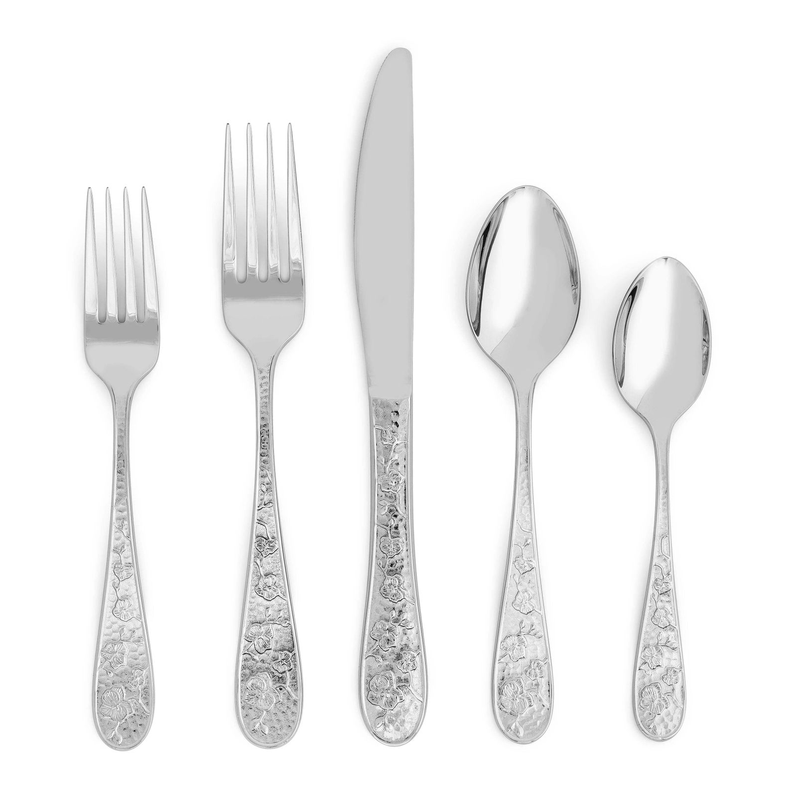 Ten Set Of 5 Piece Contemporary Silver Stainless Steel Floral Flatware photo for sale