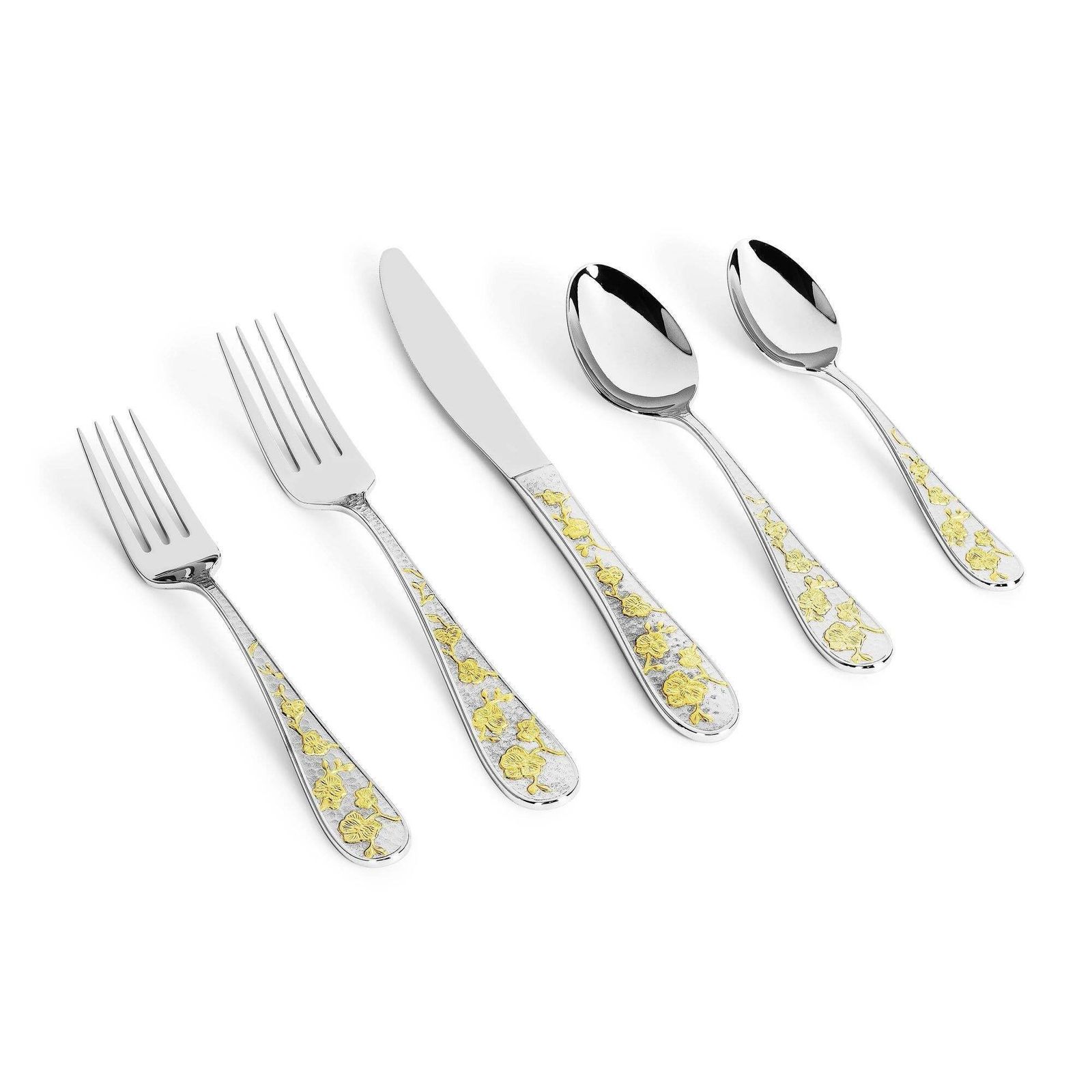 Ten Set Of 5 Piece Contemporary Gold Floral Stainless Steel Flatware photo Home Decor
