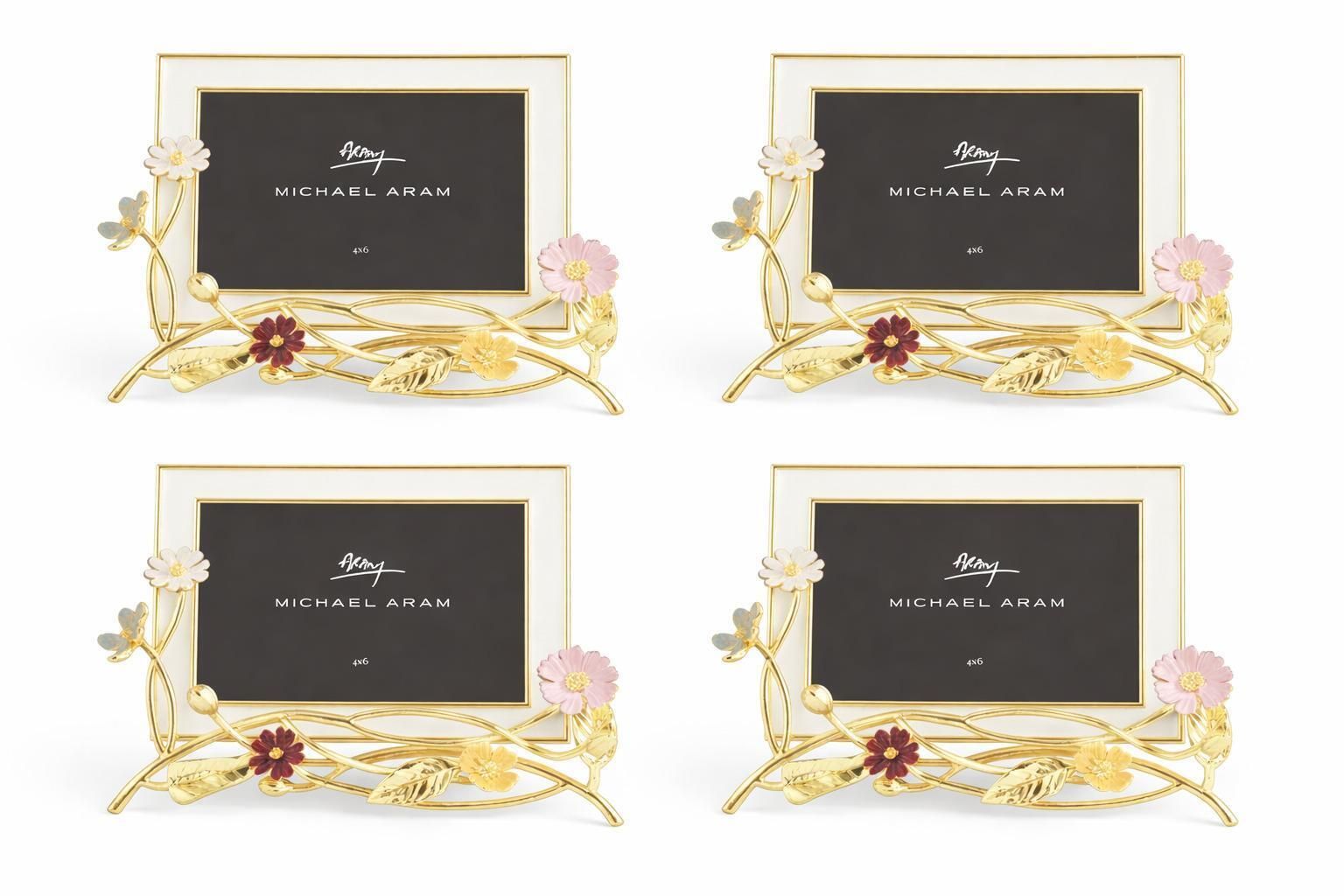 Set Of Four Decorative Flower Botanical Photo Frame In Gold Metal & Enamel photo buy