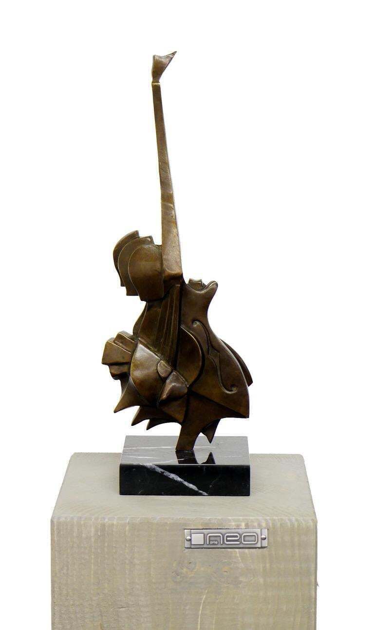 Modern Cubist Bronze Guitar Sculpture In Brown Patina photo Art