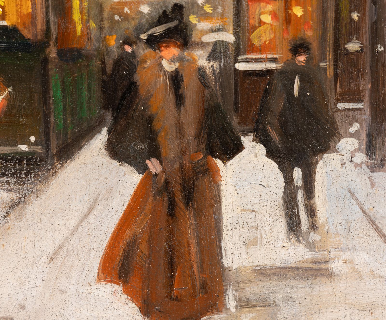 Pierre Jacquet (XXe siècle) : « Paris, Les Boulevards Sous La Neige », huile sur panneau photo furniture