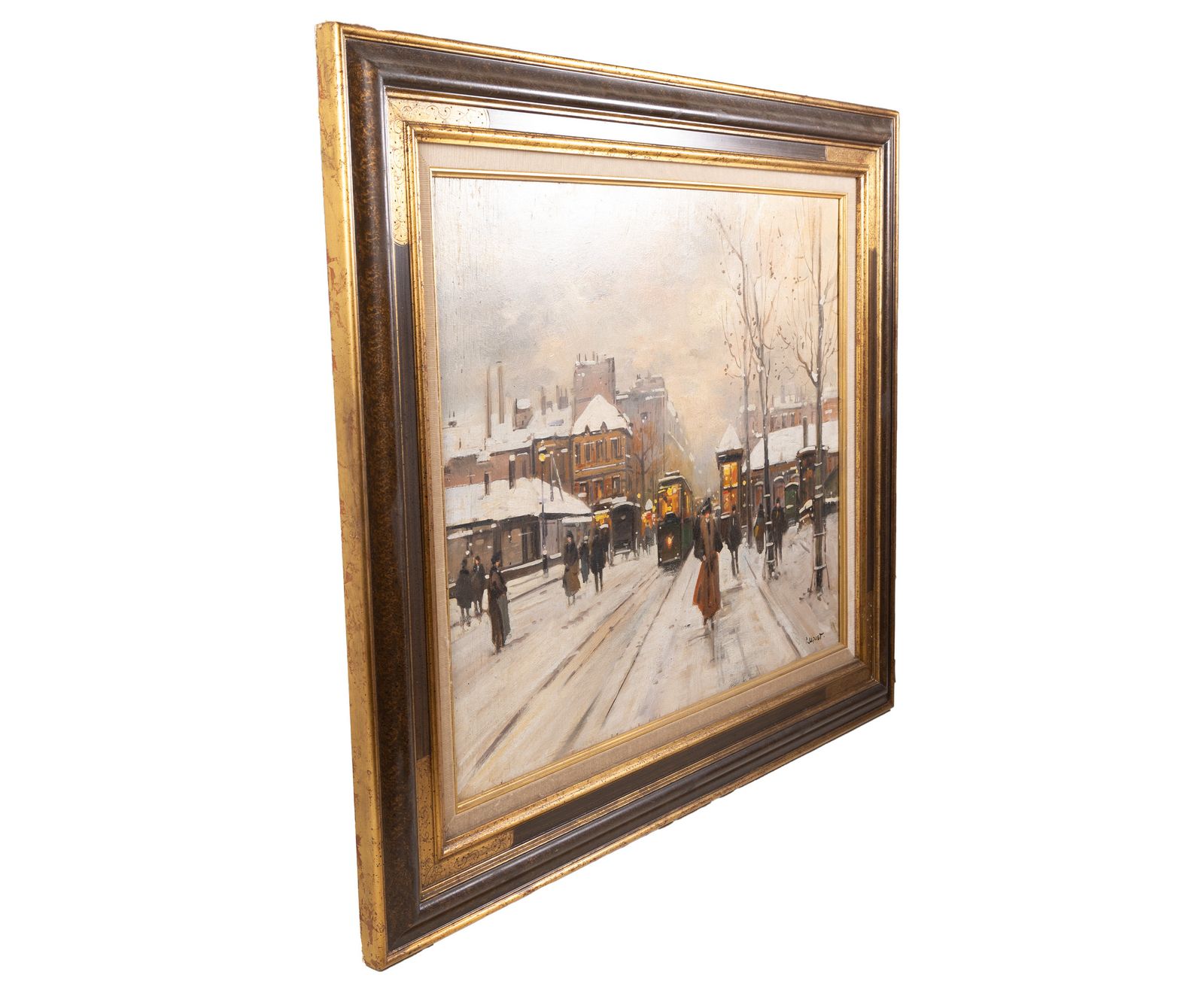 Pierre Jacquet (XXe siècle) : « Paris, Les Boulevards Sous La Neige », huile sur panneau photo vintage