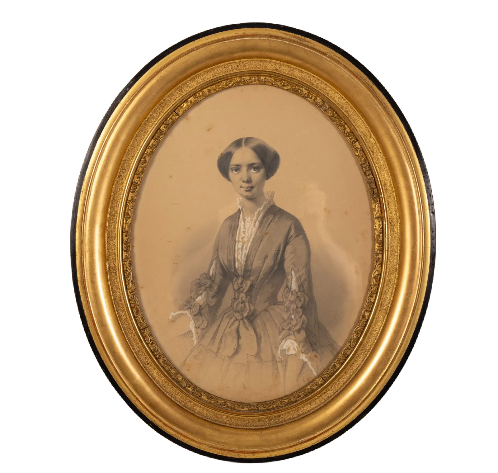 Portrait D’élégante, 1853 – Original Graphite And Gouache Watercolor Painting Of An Elegant Lady