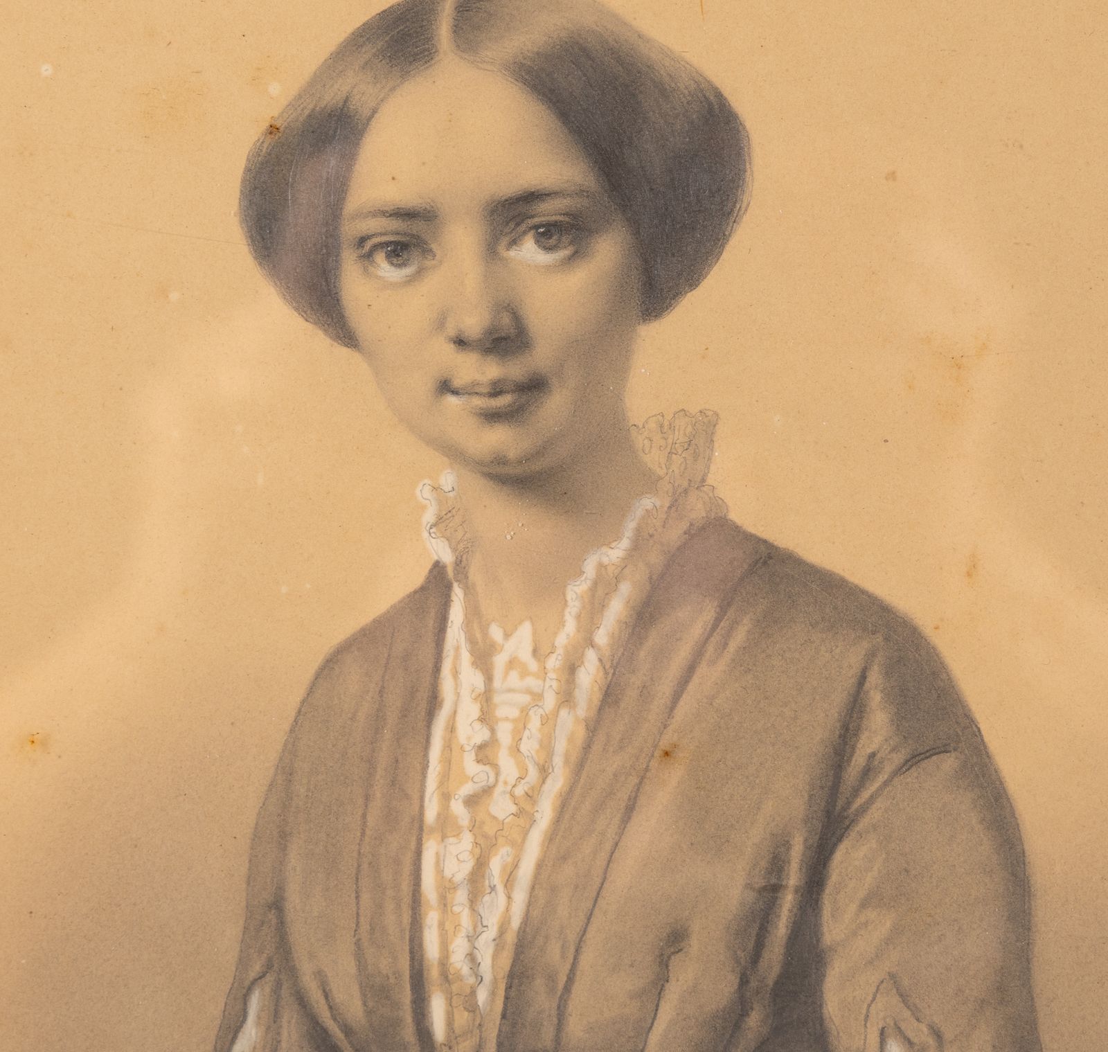 Portrait D’élégante, 1853 – Original Graphite And Gouache Watercolor Painting Of An Elegant Lady photo furniture