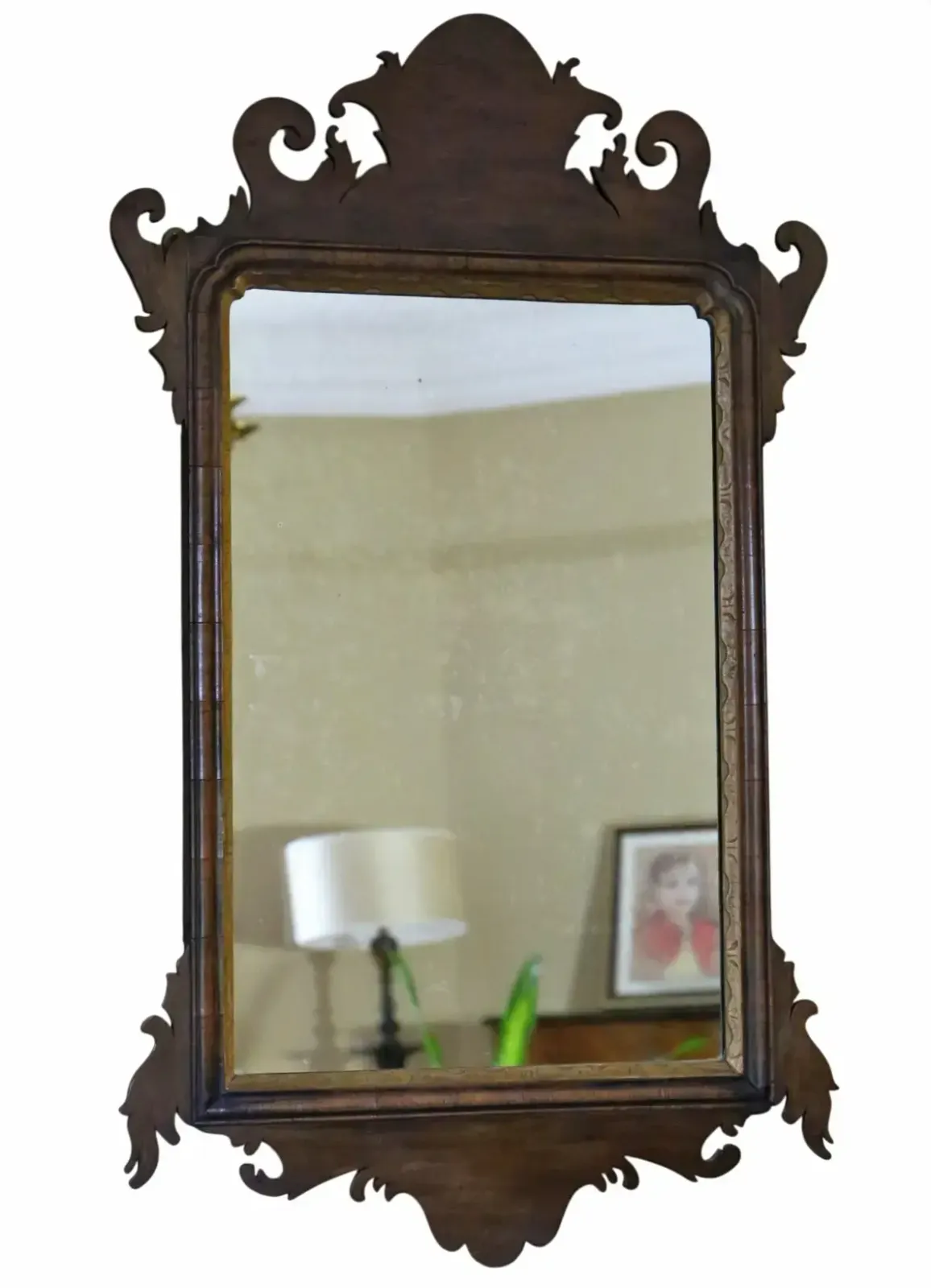 Antique C.1920 Georgian Revival Walnut And Gilt Fret Cut Overmantle/ Wall Mirror  Fine Quality