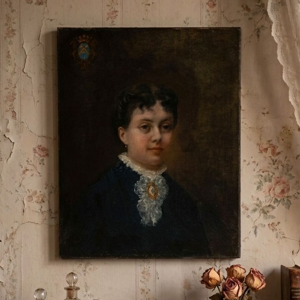 Portrait d'Alice de Retz - Peinture à l'huile française du XIXe siècle avec armoiries