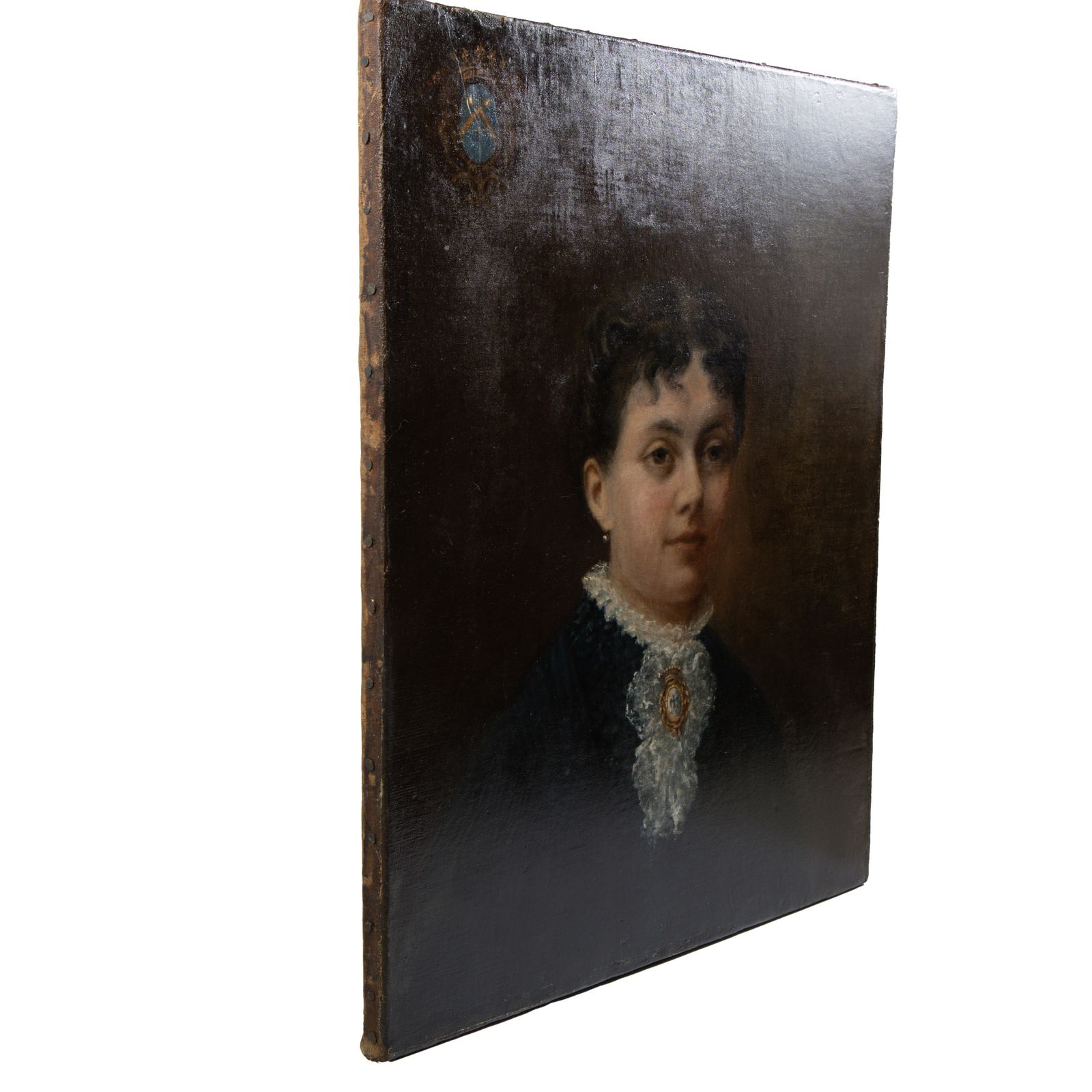 Portrait d'Alice de Retz - Peinture à l'huile française du XIXe siècle avec armoiries photo buy