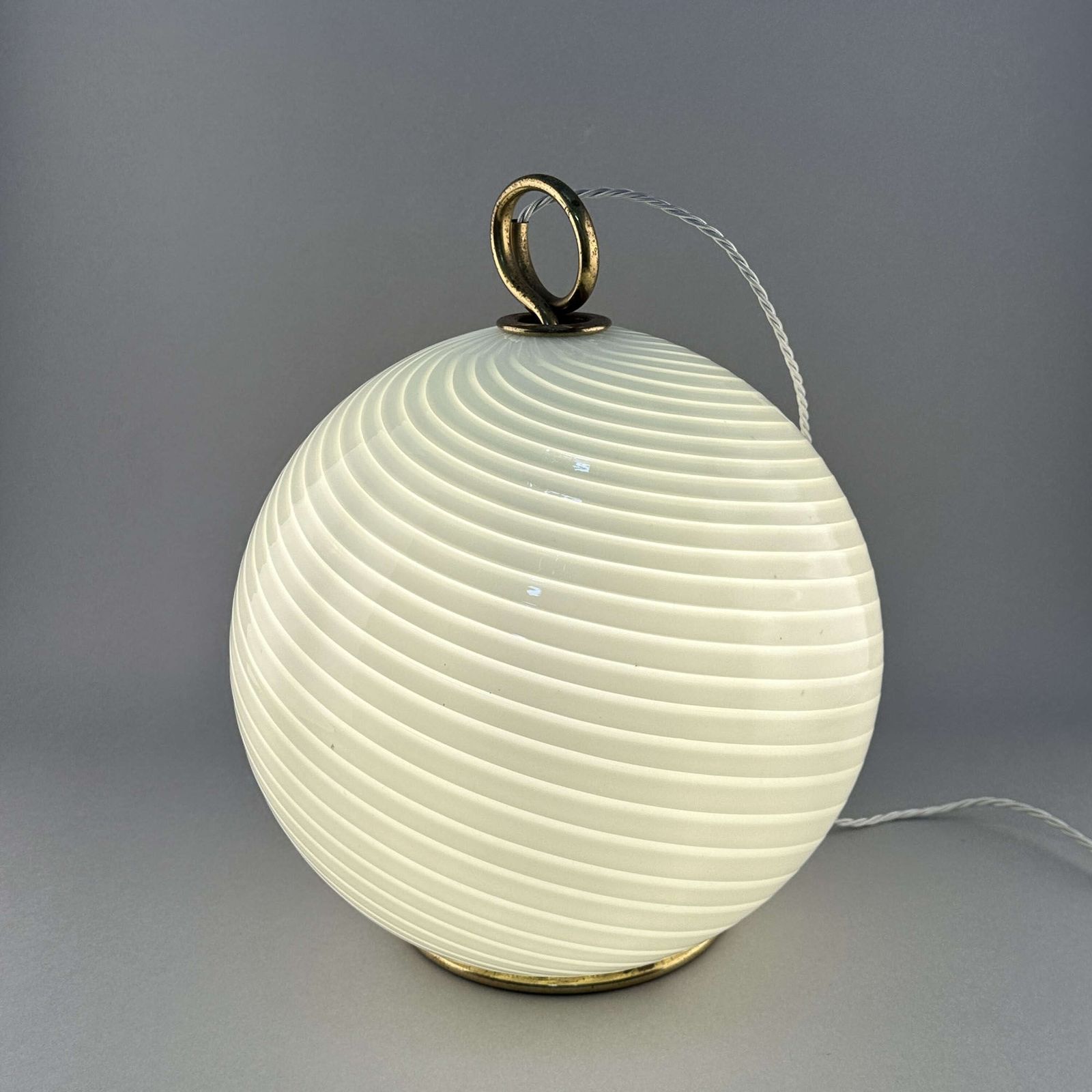 photo furniture Venini Filigrana White Glass Spherical Table Lamp, Italy 1960