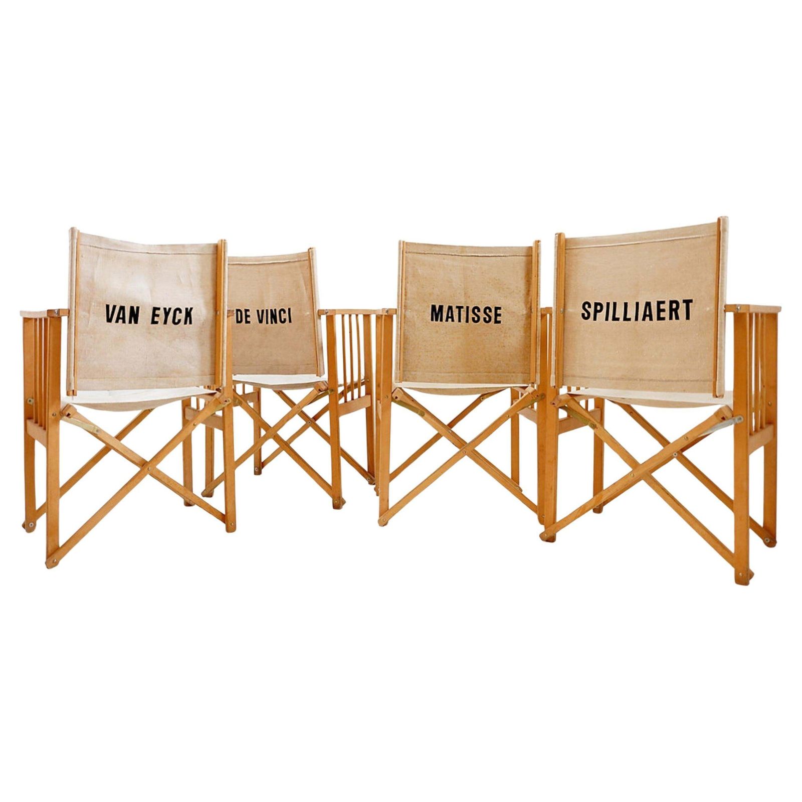 Set Of Four Mid Century Modern Folding Chairs In Oak & Canvas