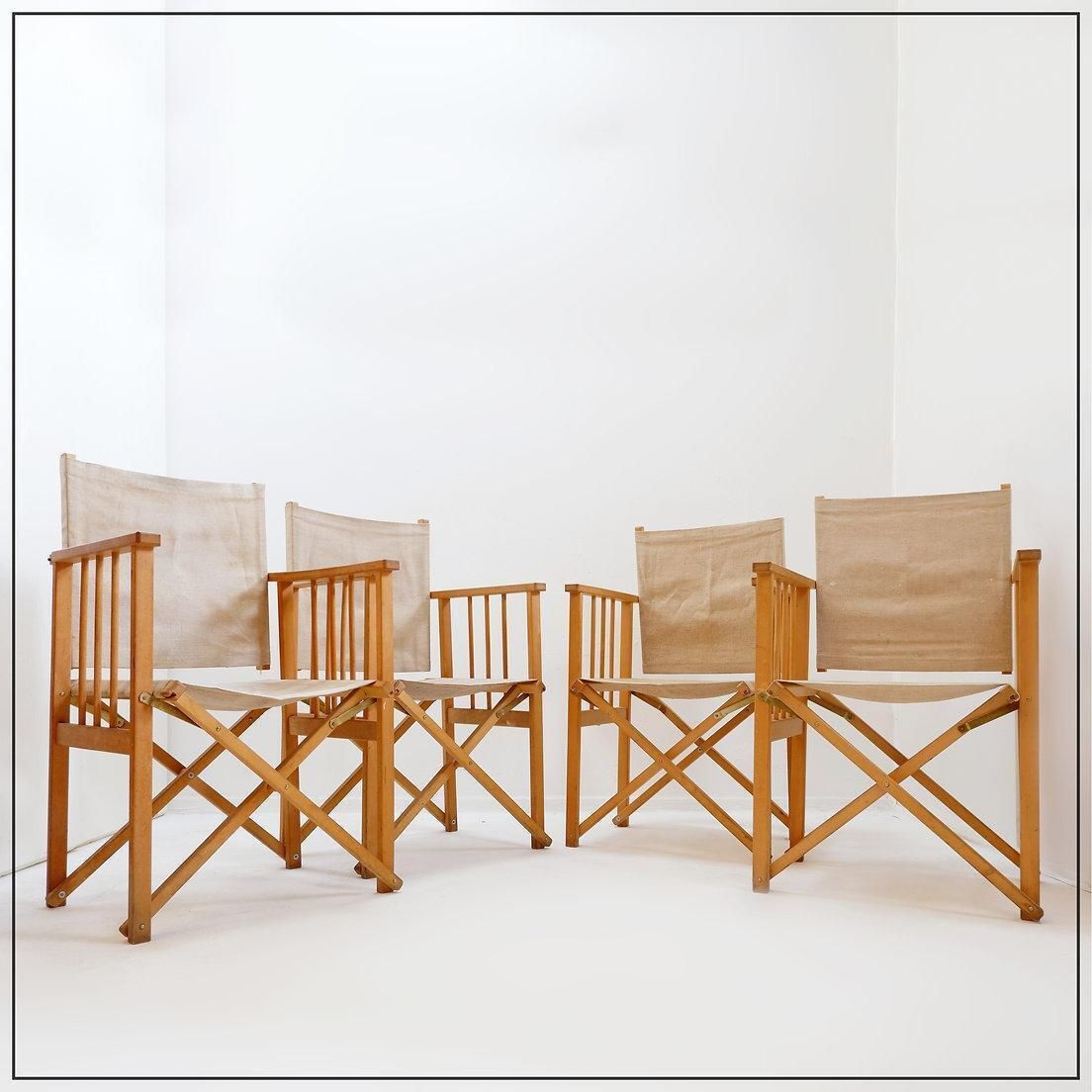 Set Of Four Mid Century Modern Folding Chairs In Oak & Canvas photo furniture