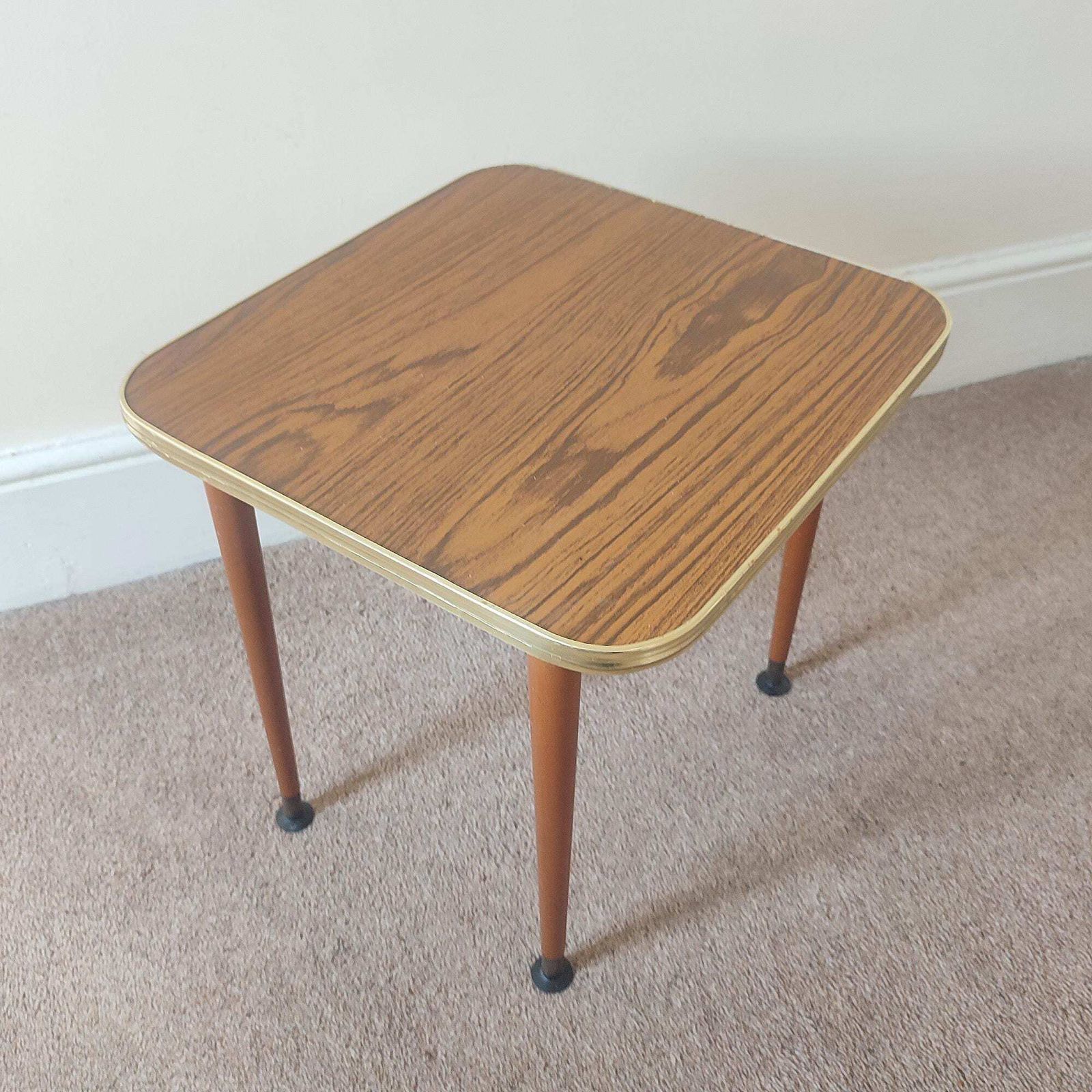 Small Vintage Wood Grain Formica Side Table Retro Plant Table With Tapered Legs Mid Century Modern photo Furniture