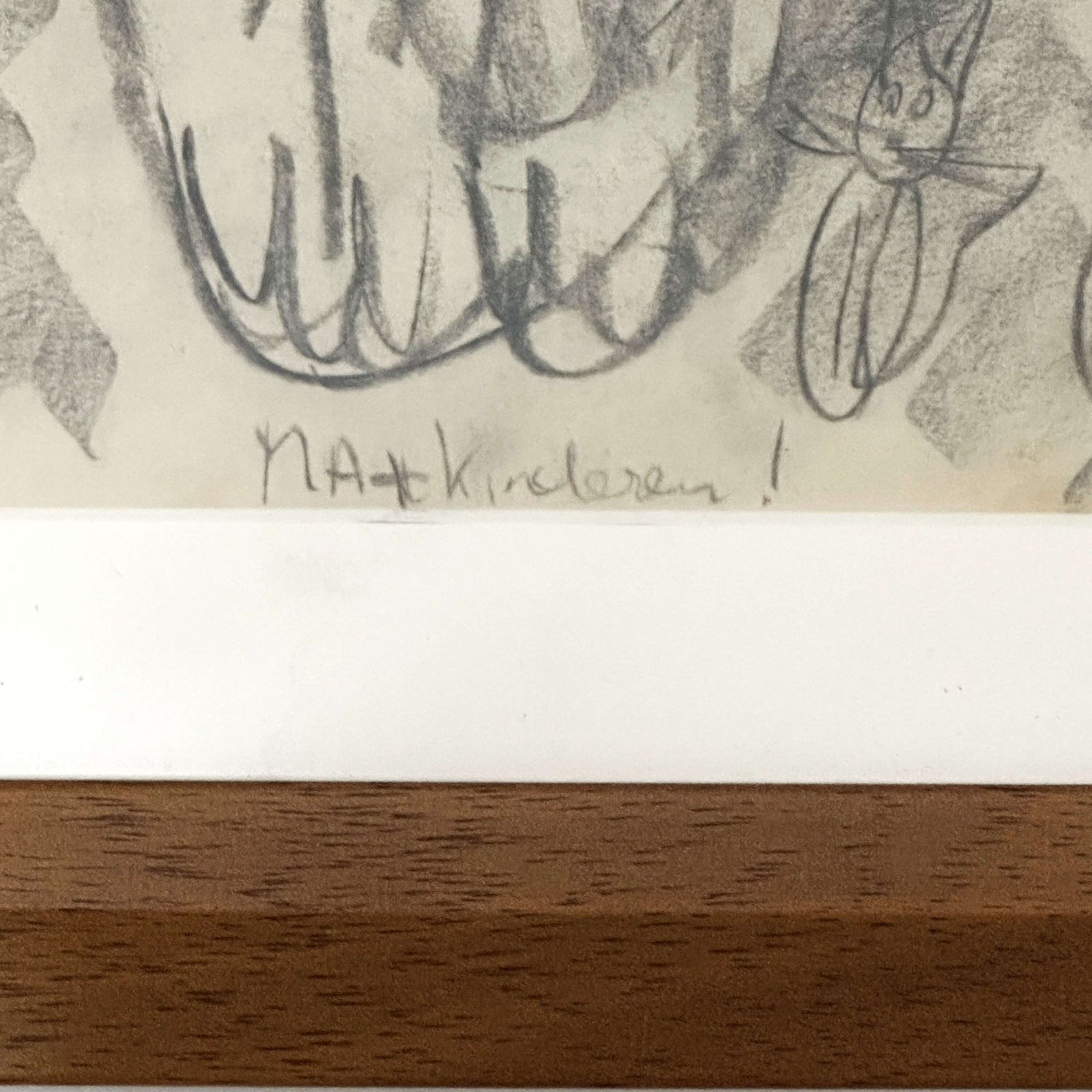 Expressive Cat With Kittens Drawing Framed, Dutch 1966 photo Art
