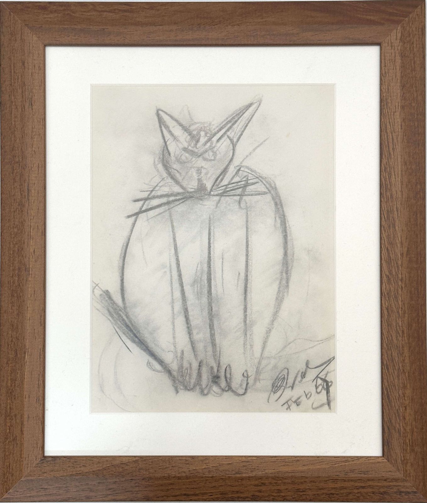 Expressive Cat With Kittens Drawing Framed, Dutch 1966 photo buy