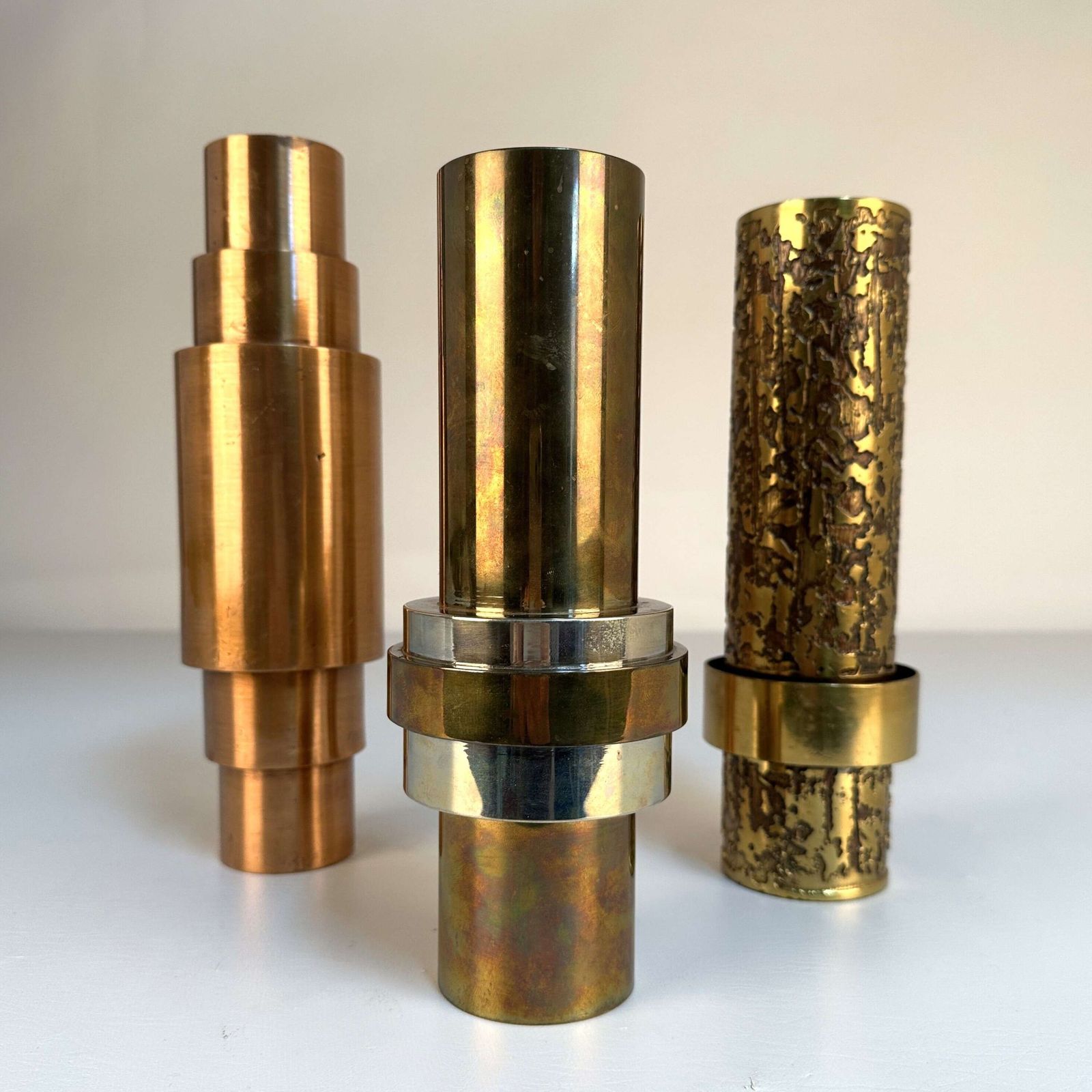 Set Of Sculptural Cylinder Brass Vases, Germany 1970's photo furniture