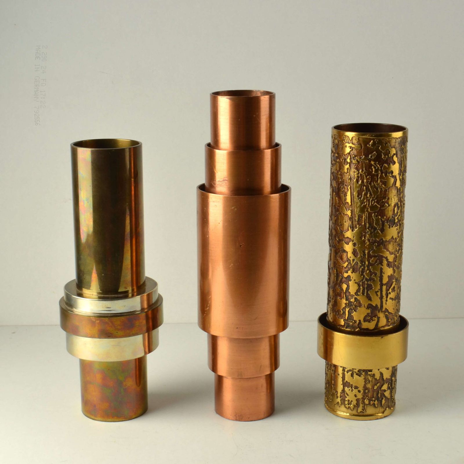 Set Of Sculptural Cylinder Brass Vases, Germany 1970's photo vinterior