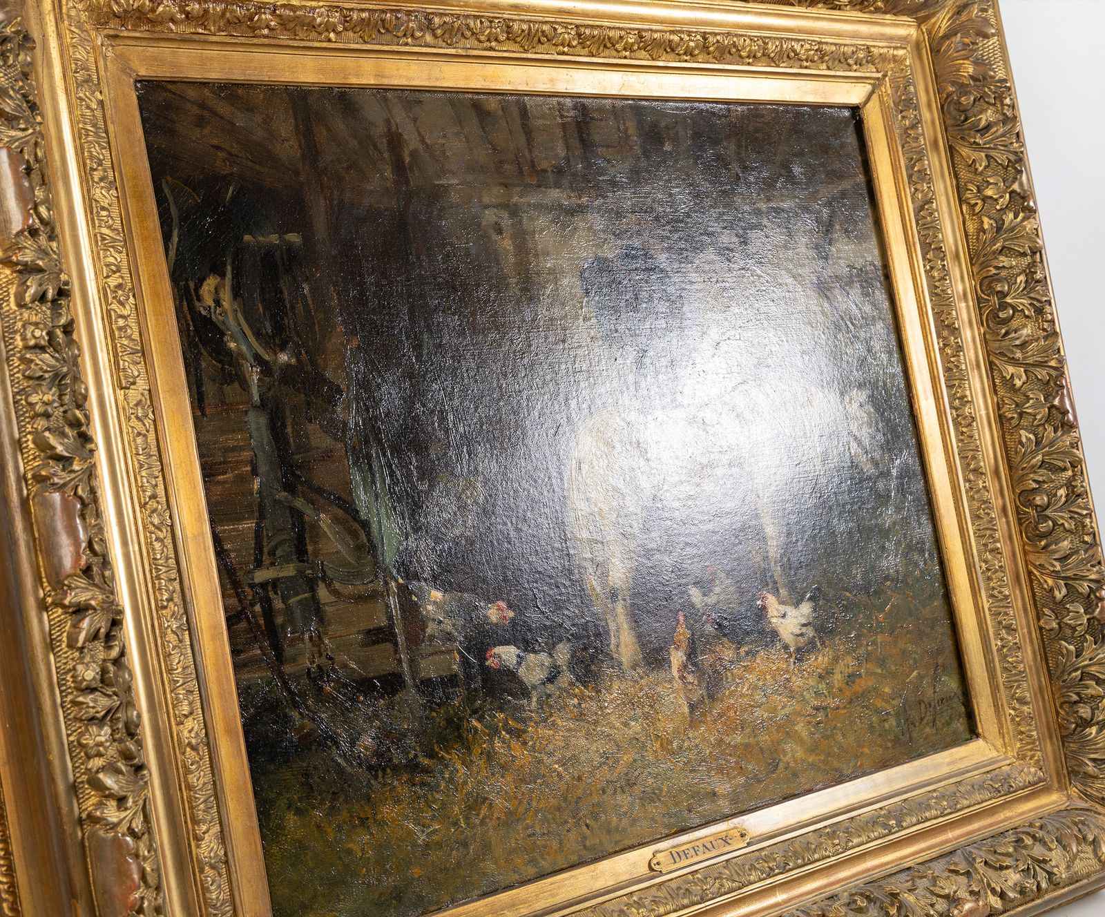 photo for sale Alexandre Defaux (French, 1826-1900) : « Poney à L'étable Avec Des Poules », huile sur toile