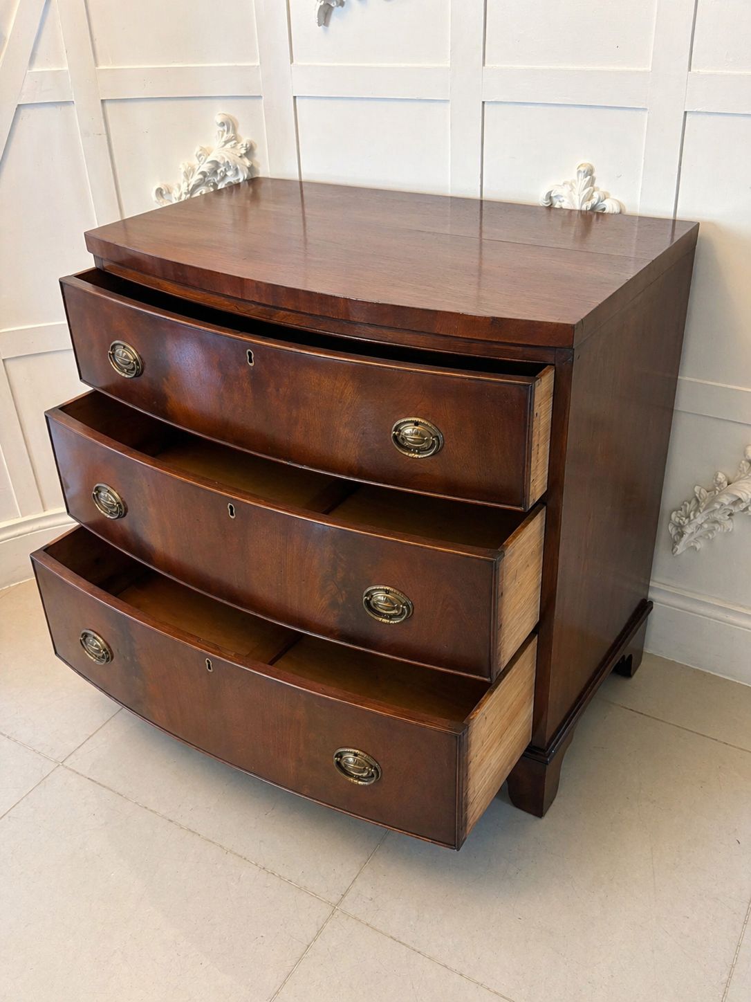 Antique 19th Century Bow Front Chest Of Drawers Figured Mahogany Brass Handles photo for sale