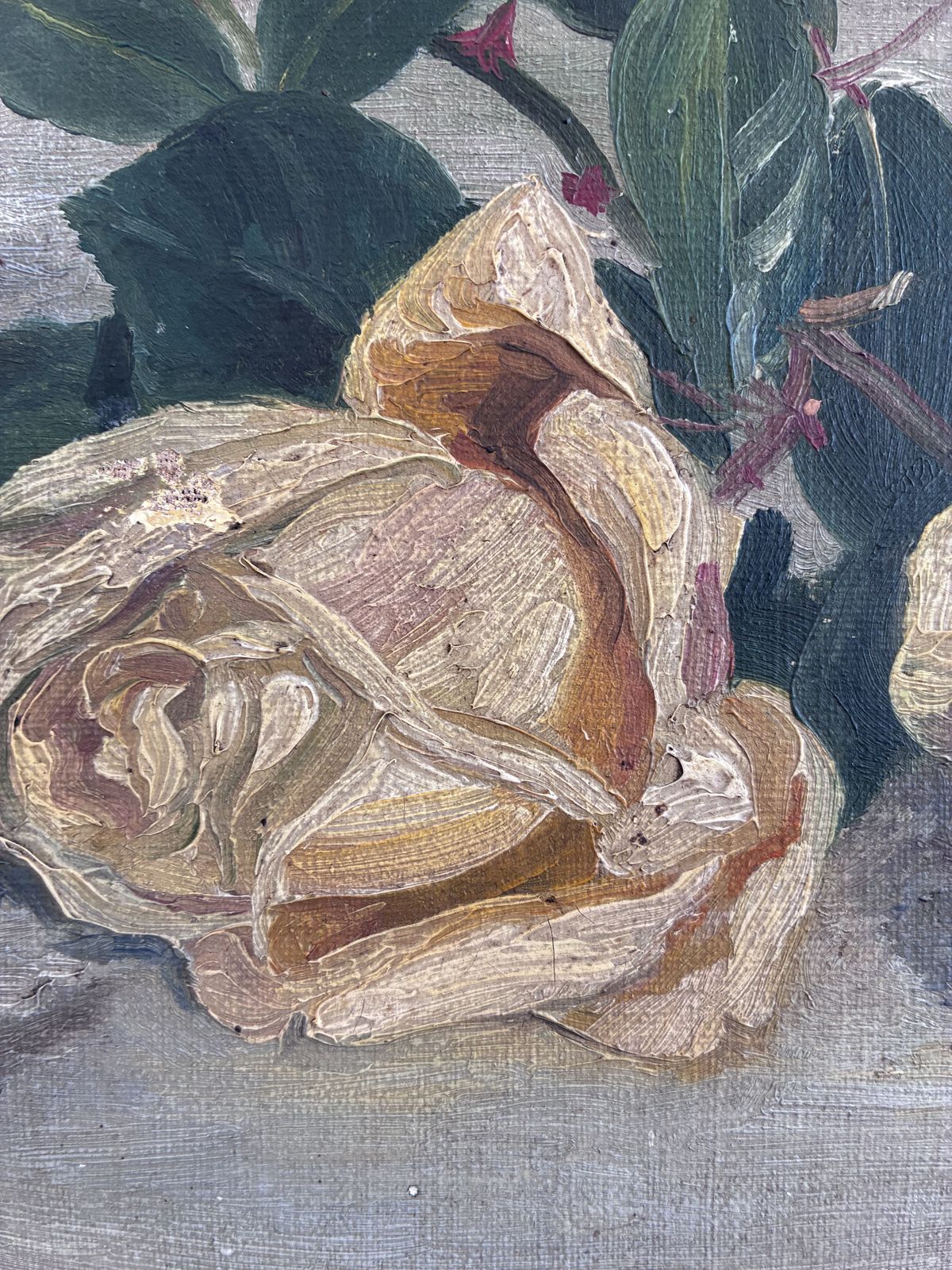 Antiek bloemenschilderij in olieverf, gele rozen stilleven photo for sale