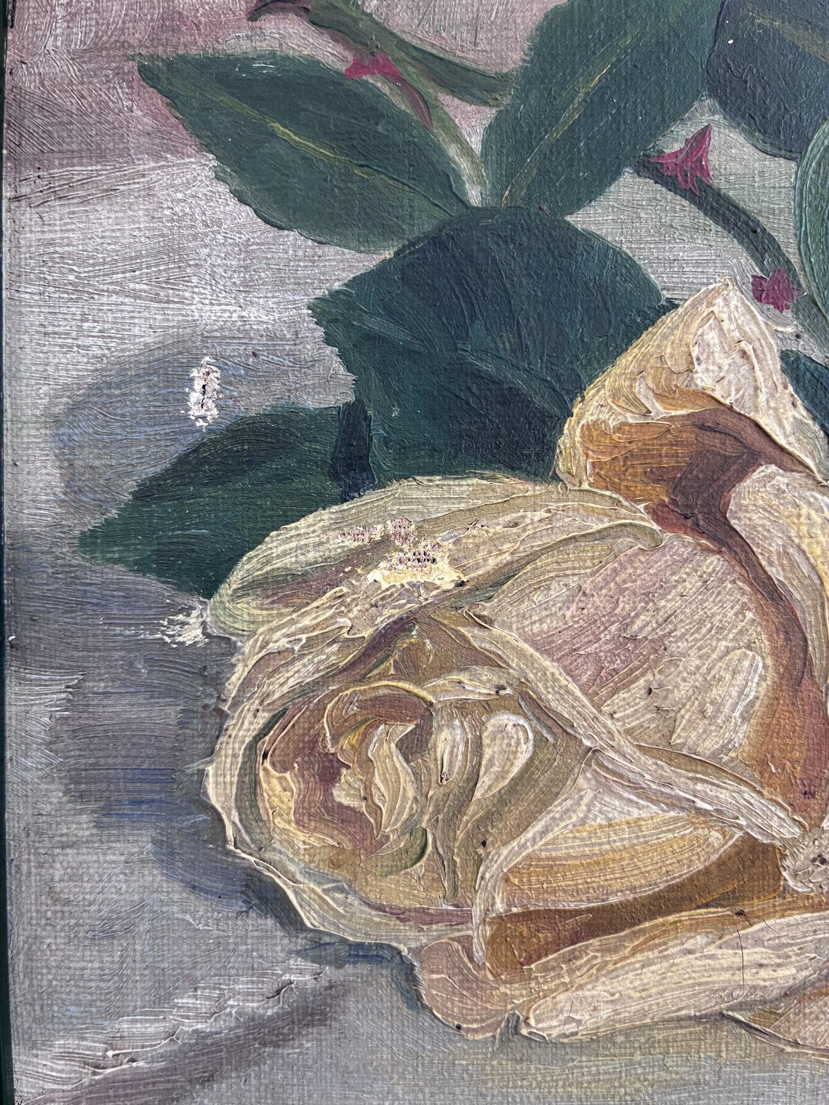 Antiek bloemenschilderij in olieverf, gele rozen stilleven photo vinterior