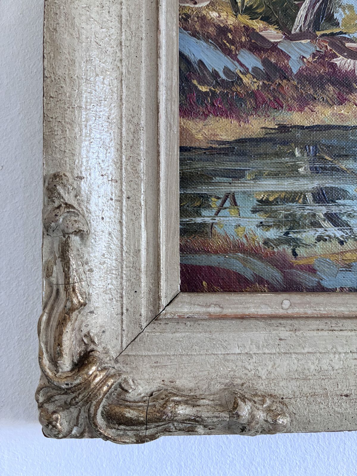 Vintage Original Landscape Oil Painting, Framed Mountain River Art photo vinterior