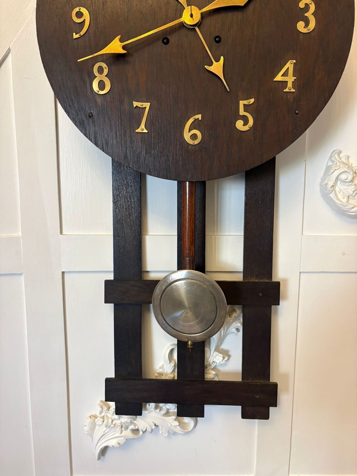 Antique Arts And Crafts Oak Wall Clock Eight Day Striking Movement Brass Numerals photo vinterior