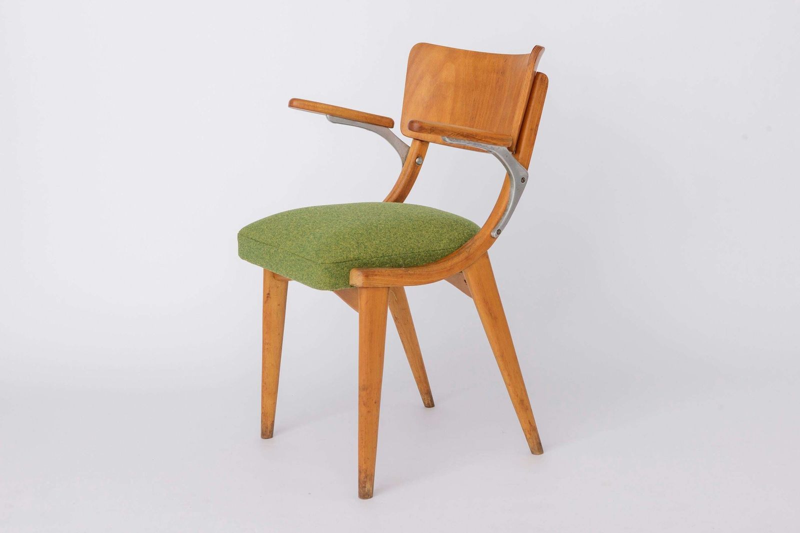 Vintage Armchair 1950s Germany, Beech Wood Chair, Restored & Reupholstered, Light Green Seat, Mid Century Modern photo Furniture