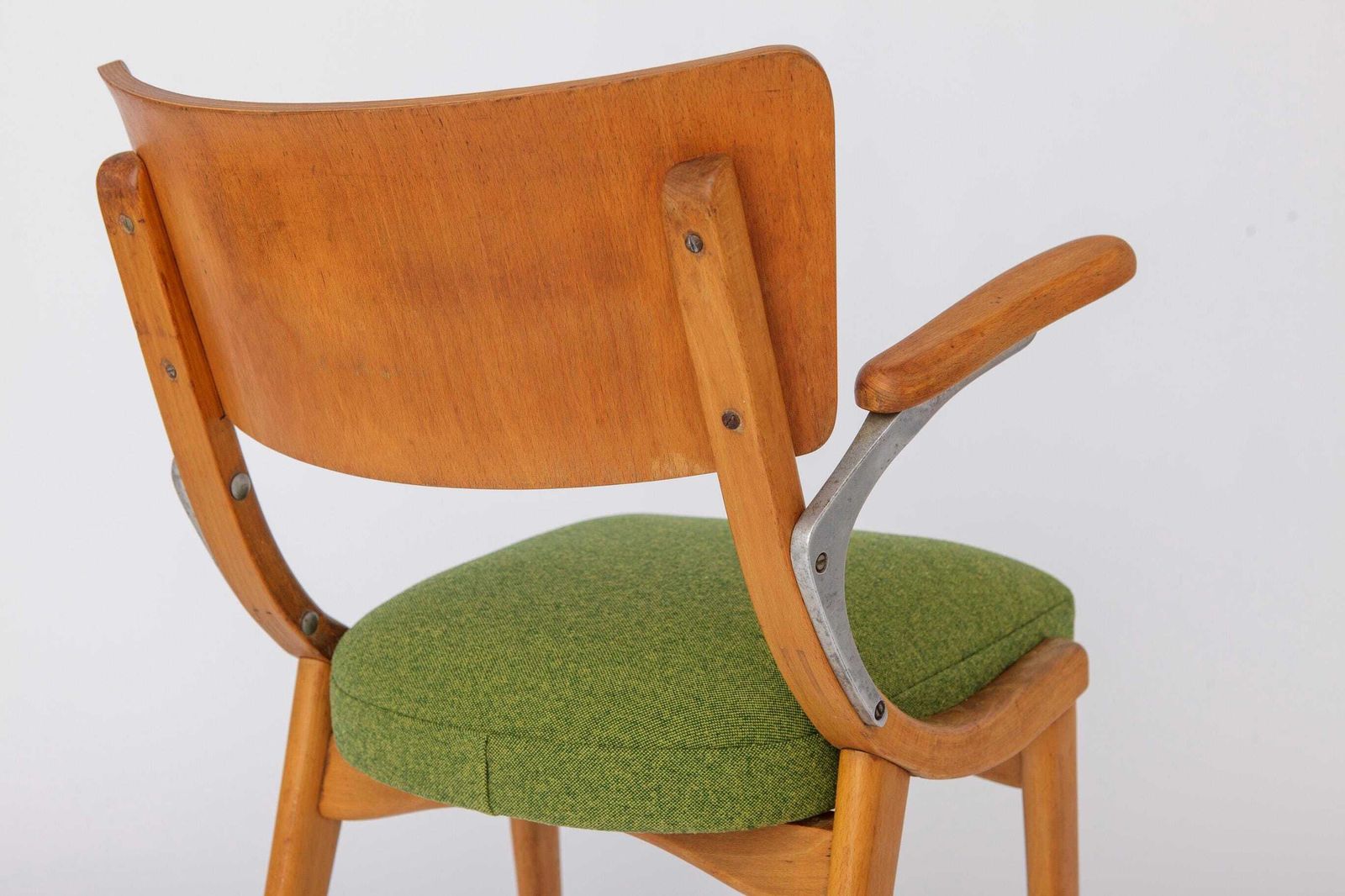 photo furniture Vintage Armchair 1950s Germany, Beech Wood Chair, Restored & Reupholstered, Light Green Seat, Mid Century Modern