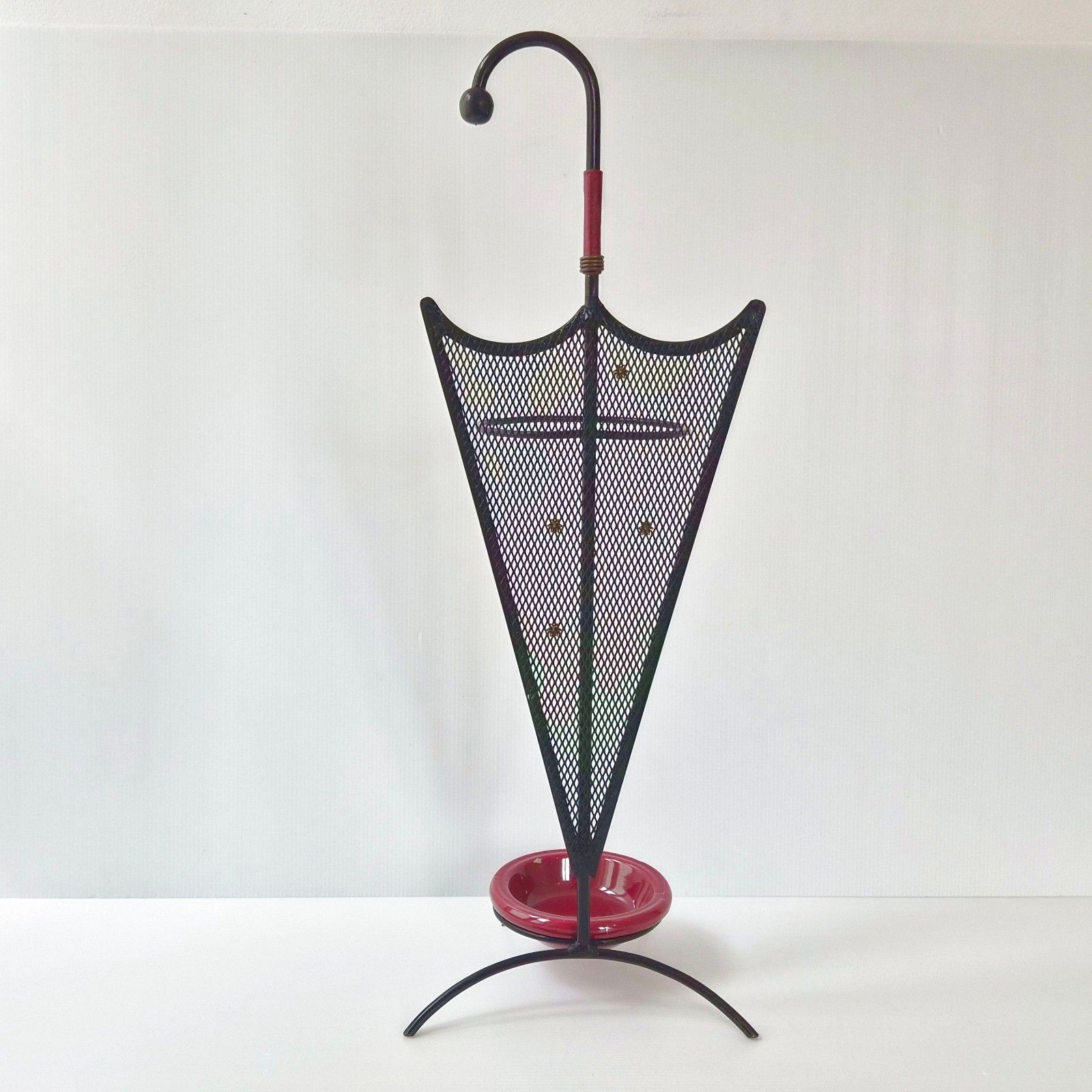 Vintage 1950s Metal Leather & Ceramic Burgundy Umbrella Stand 50s Rockabilly photo furniture