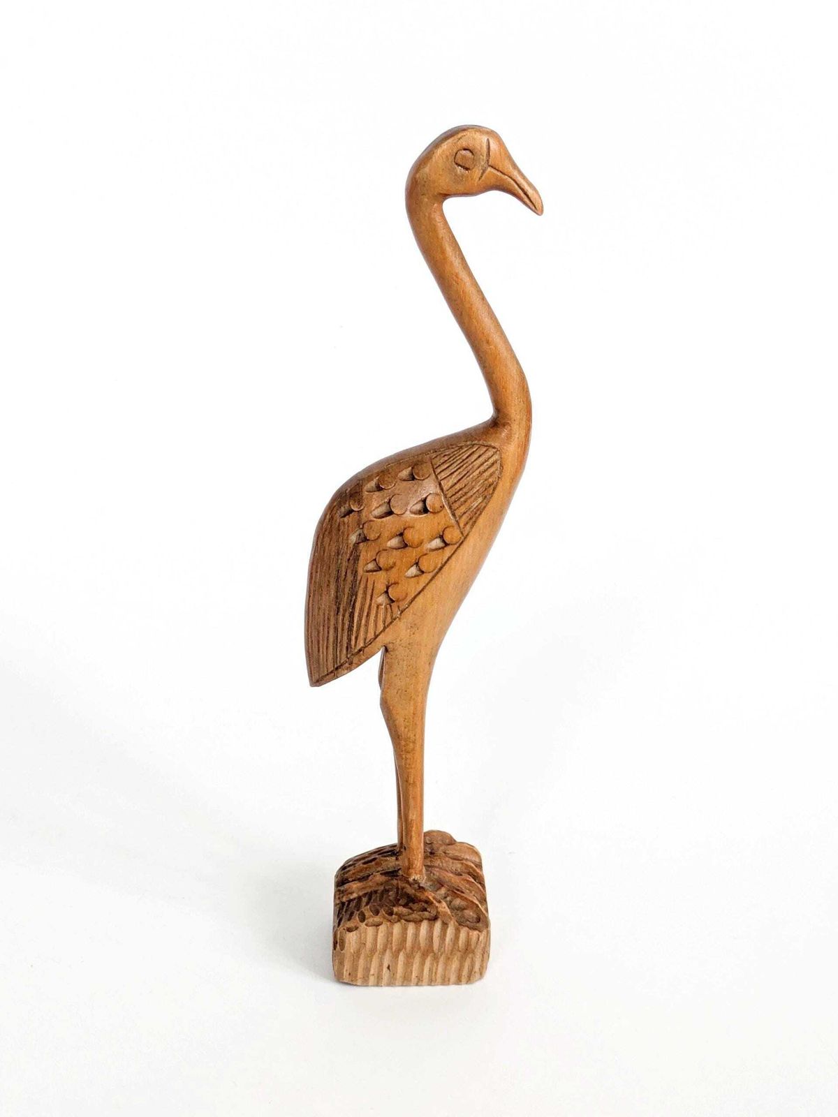 Midcentury Teak Wood Crane Sculpture, Hand Carved Bird, Scandinavian Modern Decor photo for sale