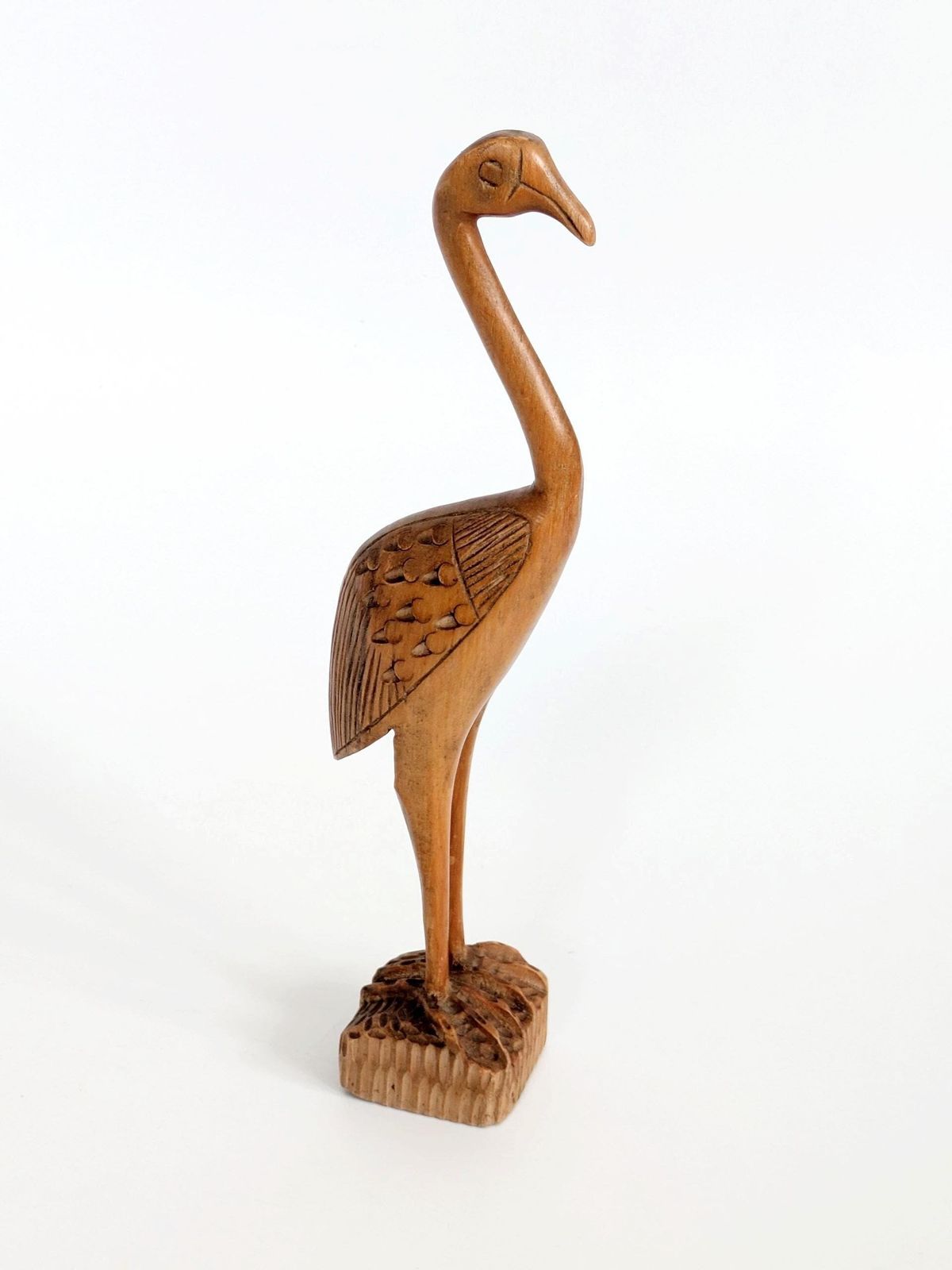 Art Midcentury Teak Wood Crane Sculpture, Hand Carved Bird, Scandinavian Modern Decor photo