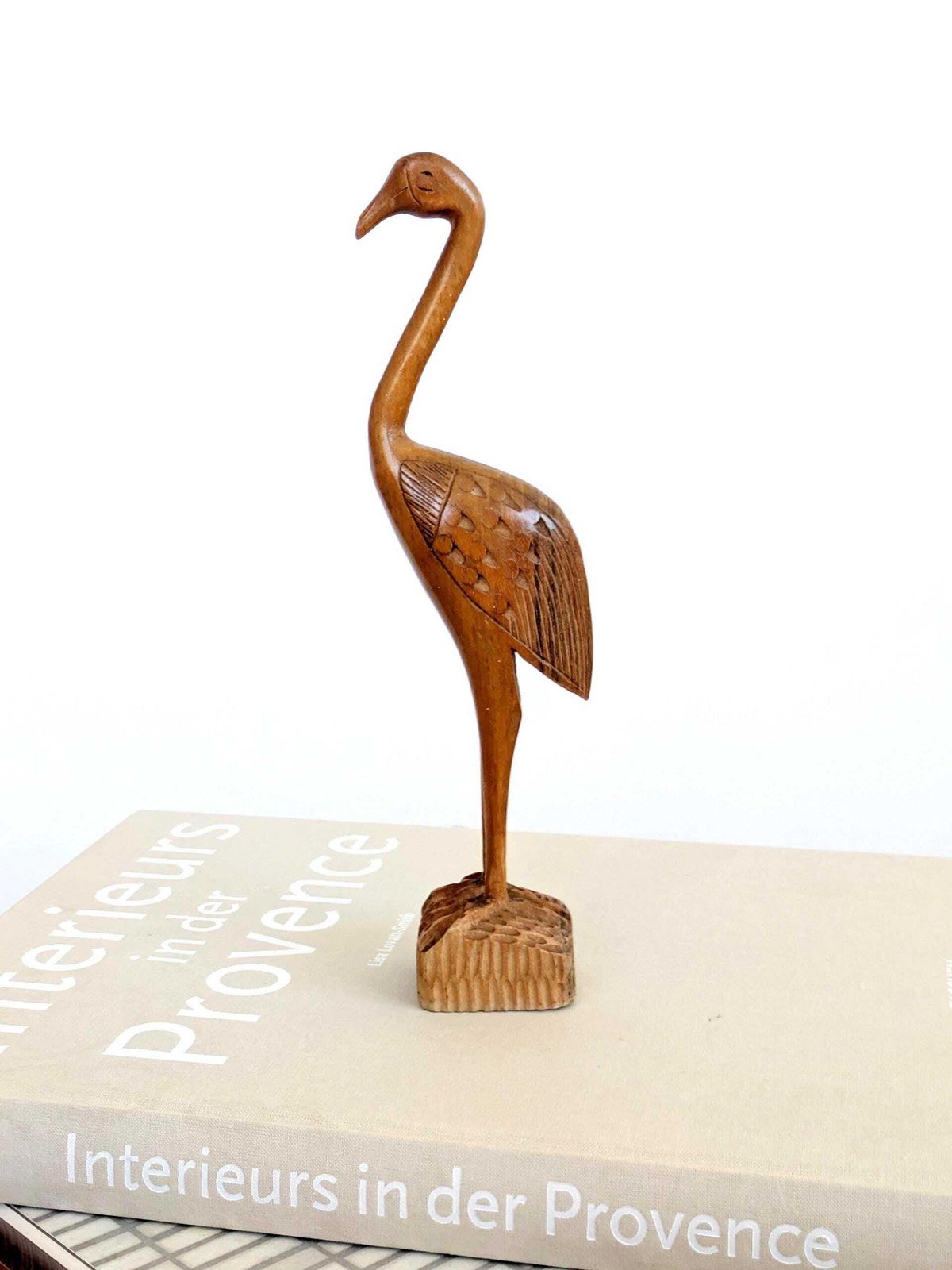photo buy Midcentury Teak Wood Crane Sculpture, Hand Carved Bird, Scandinavian Modern Decor